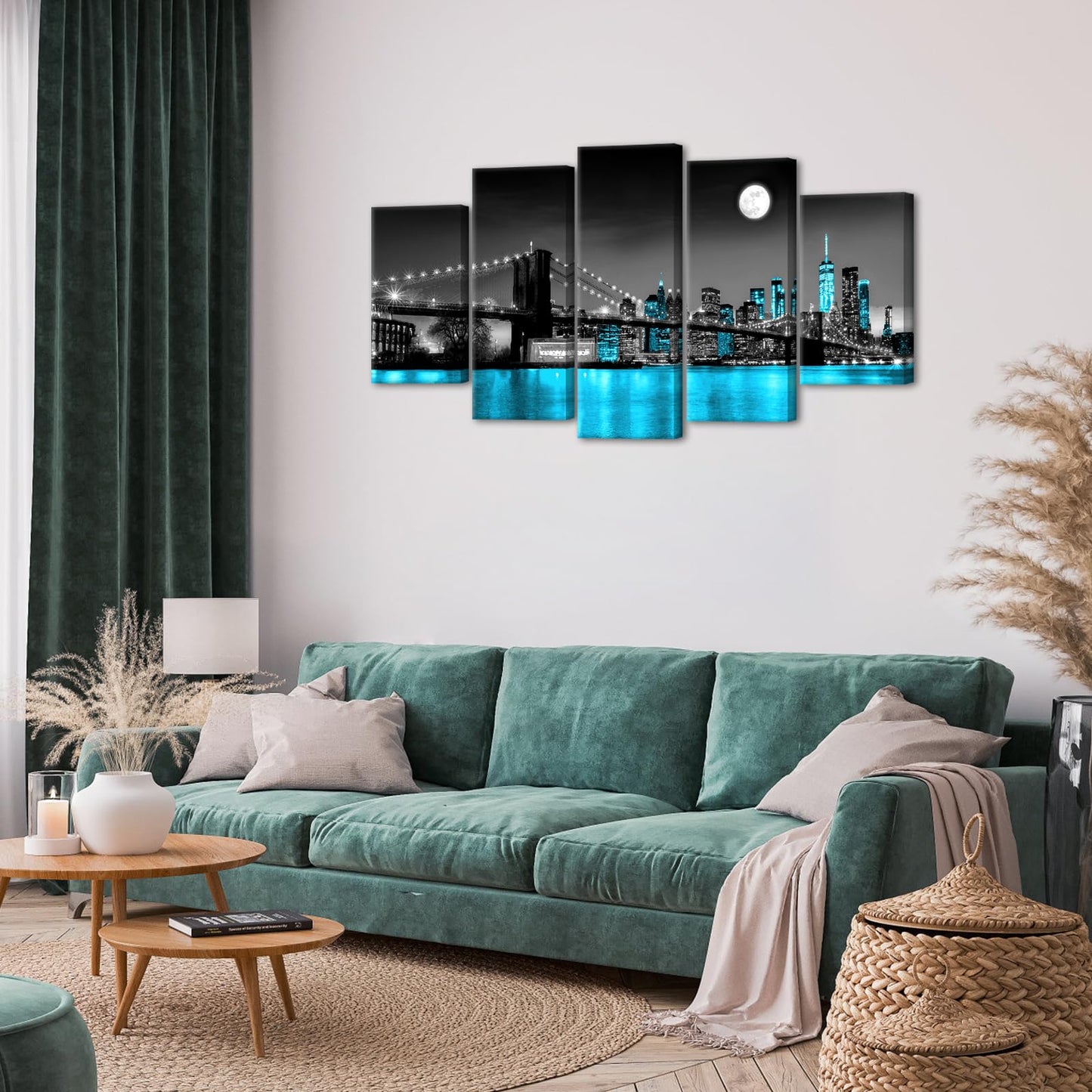 KLVOS 5 Panel Brooklyn Bridge Canvas Wall Art Modern New York City Picture Painting Blue Night View with Moon Decor for Home Ready to Hang