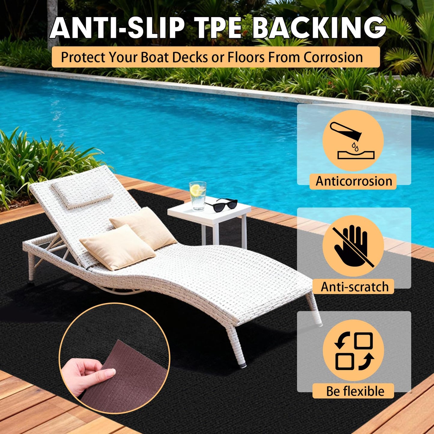 Grefinity Marine Carpet, 5 FT x 15 FT Black Indoor/Outdoor Rug 0.2" Thick TPE Backed Non-Slip Boat Carpet Roll for Home, Patio, Porch, Deck