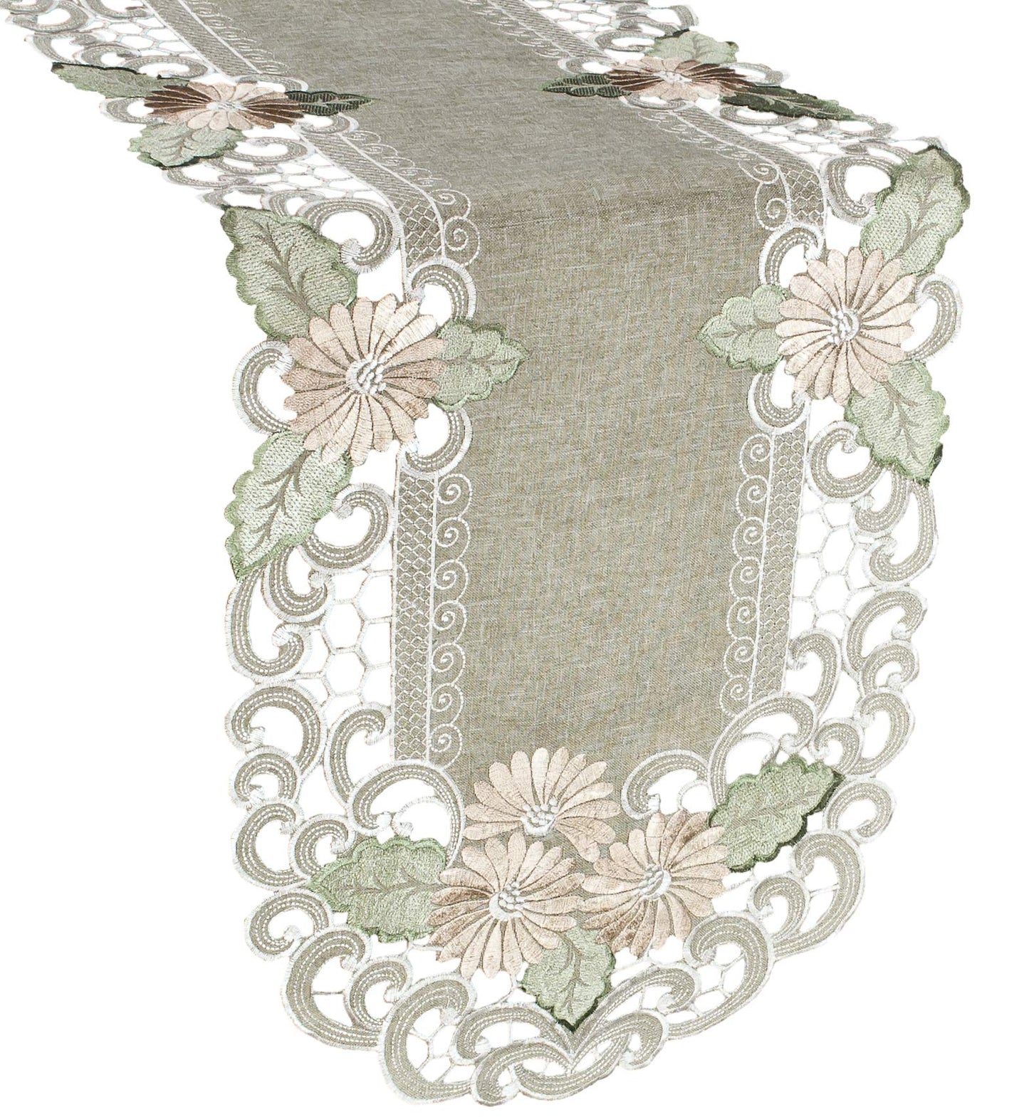 LINENS ART AND THINGS Embroidered Table Runner Gold Daisy Fleur Latte Dresser Scarf Doily (15Wx34L)