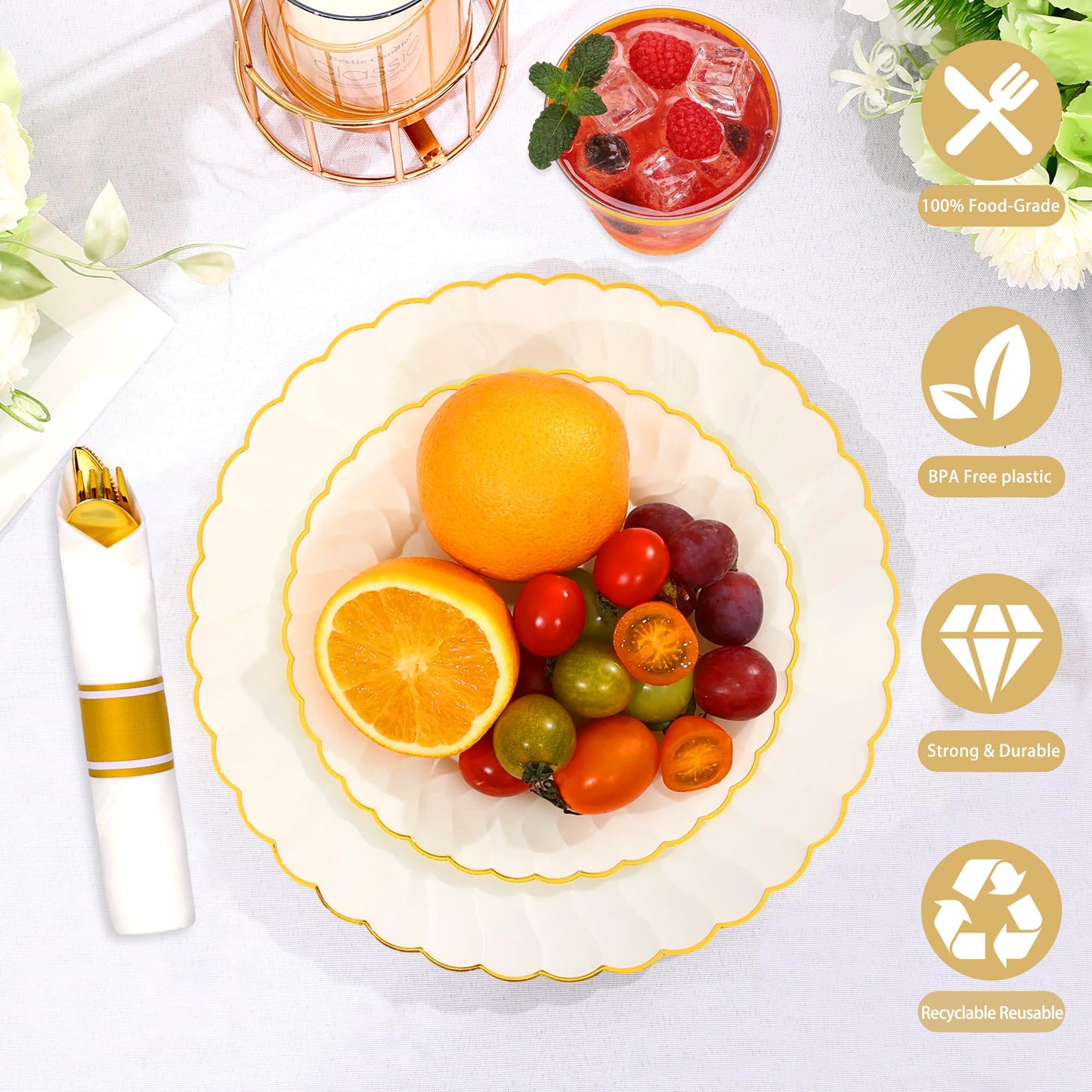 210 Pcs Ivory Scalloped Plastic Dinnerware for 30 Guests,Cream Gold Scalloped Disposable Plastic Plates Including 30 Dinner&Dessert Plates,Cups,Silverware for Party,Wedding