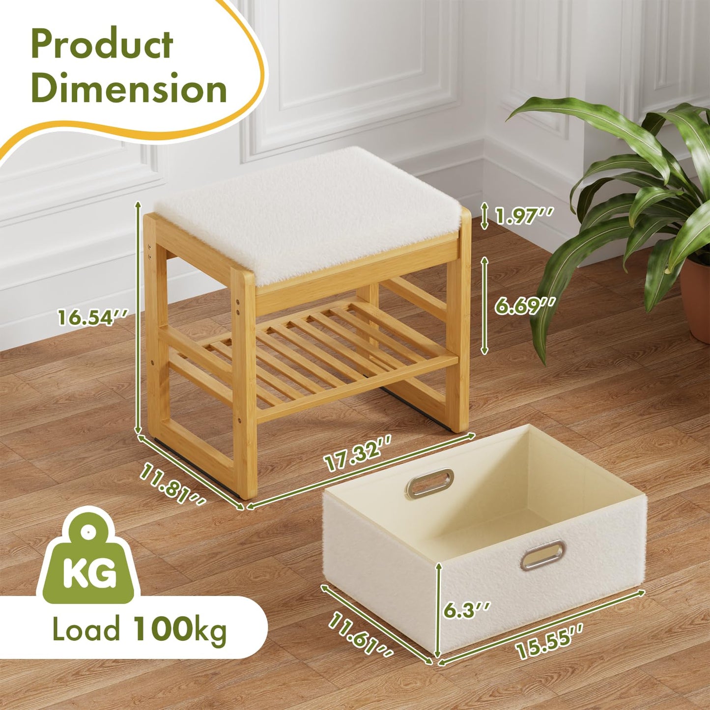 Atoping Storage Ottoman, Bamboo Footstool with Drawer, 3-in-1 Soft Ottoman with Storage, Multifunctional Footrest, Seat & Organizer for Living Room, Bedroom, Entryway Gift Set for Family