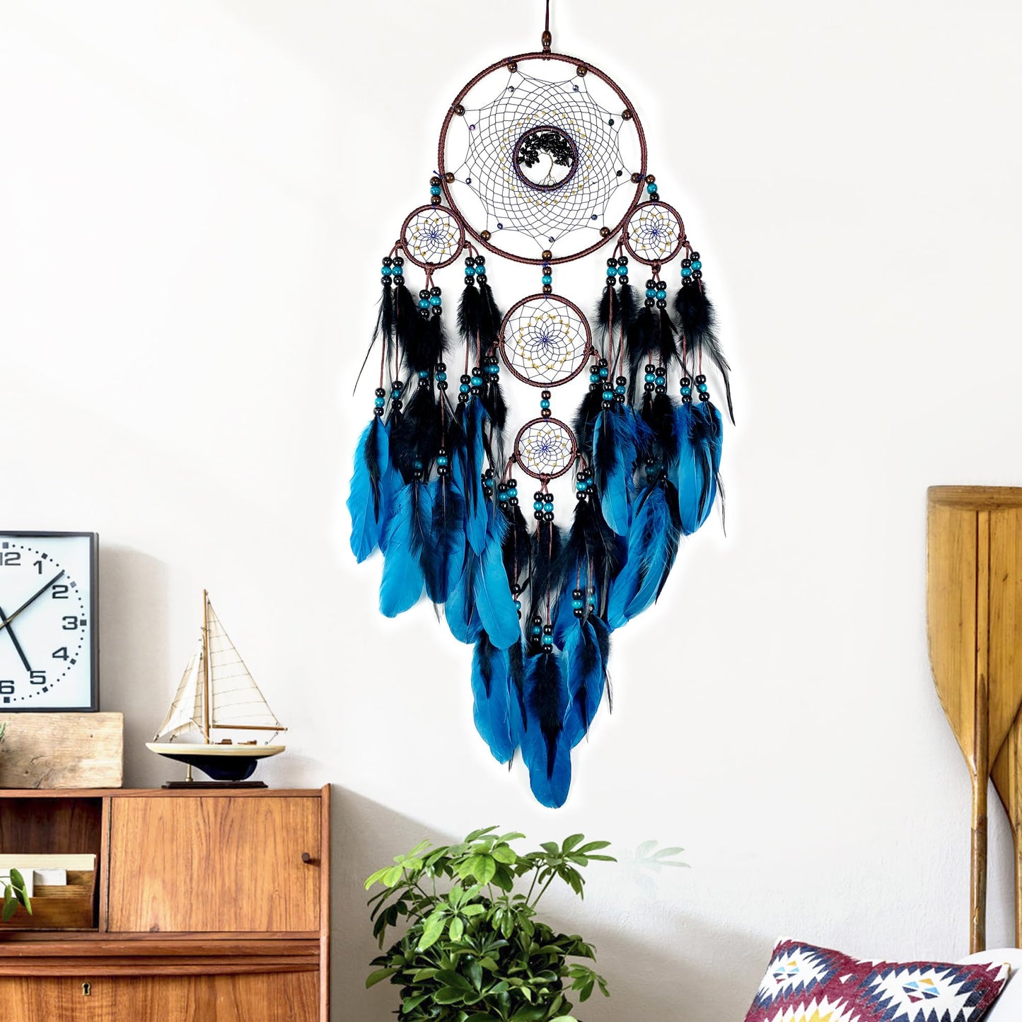 Large Dream Catchers, Boho Handmade Woven Blue and Black Dream Catcher Wall Hanging Ornament for Bedroom Living Room Adults Wedding Party Decor, Festival Blessing Gift (Blue & Black)