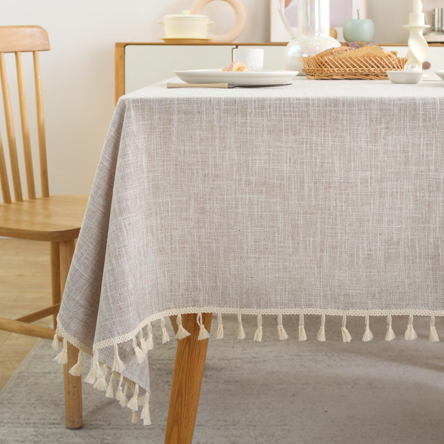 Textured Table cloth for Rectangle table, Heavy Duty Farmhouse Tablecloth Solid Cotton Linen Waterproof Wrinkle Free Burlap Table Cover for Kitchen Dining,Party, Light Brown 55''x55'',4 Seats
