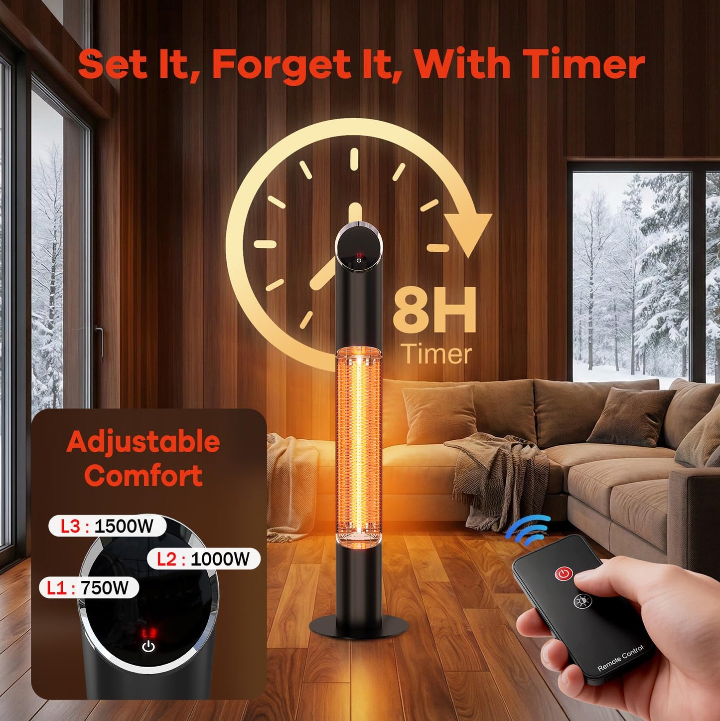 Outdoor Electric Patio Heater, Portable Infrared Heater, Heaters for Outdoor/Indoor Use, Standing Heaters for Patio, Garage, Backyard, 1500W, Black