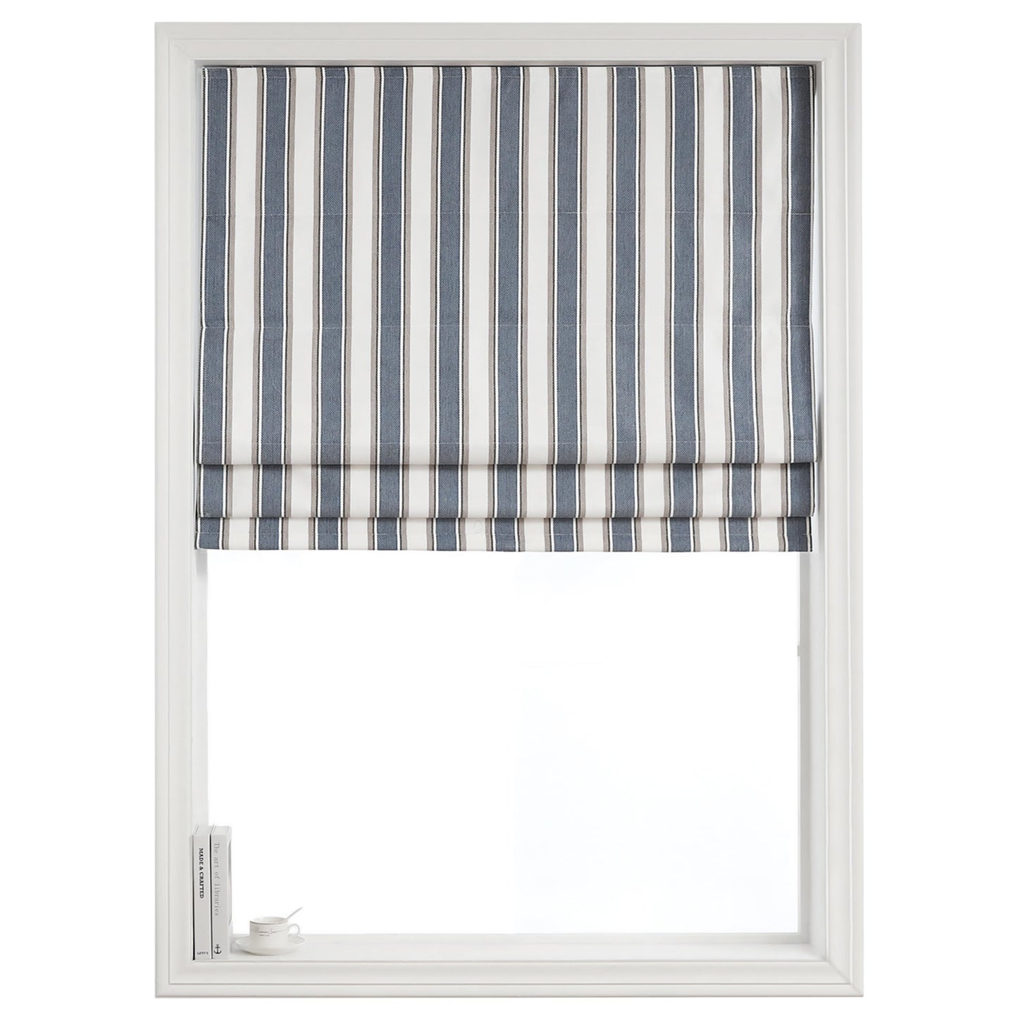 Everyday Celebration Roman Shades - 100% Blackout, Cordless Pull Down, Vertical Stripe Indoor Window Shades, Woven Fabric Blinds - Denim Bleu, 31" W x 64" H