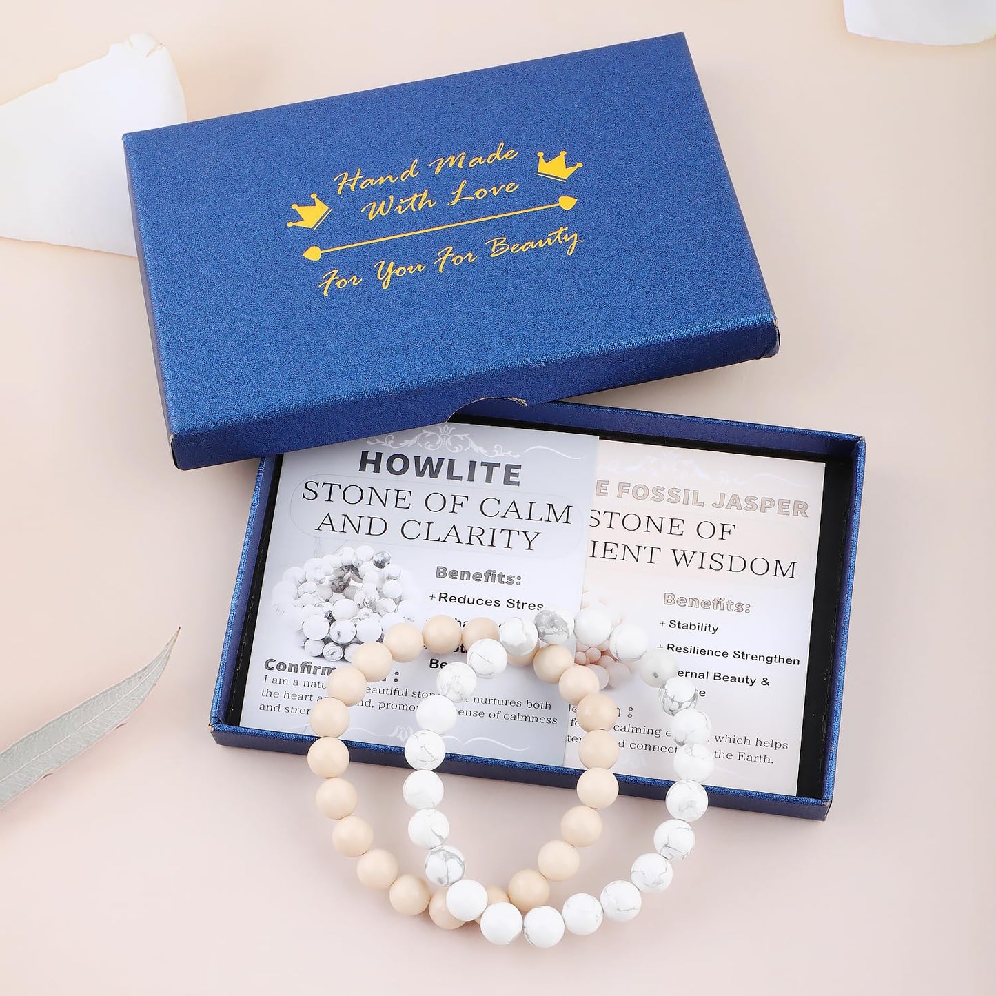 NCB 2-Piece 8mm Natural Crystal Gemstone Stretch Bracelets – ﻿Howlite, White Fossil Jasper Handmade Reiki Energy Healing Jewelry for Meditation,Yoga, Unisex