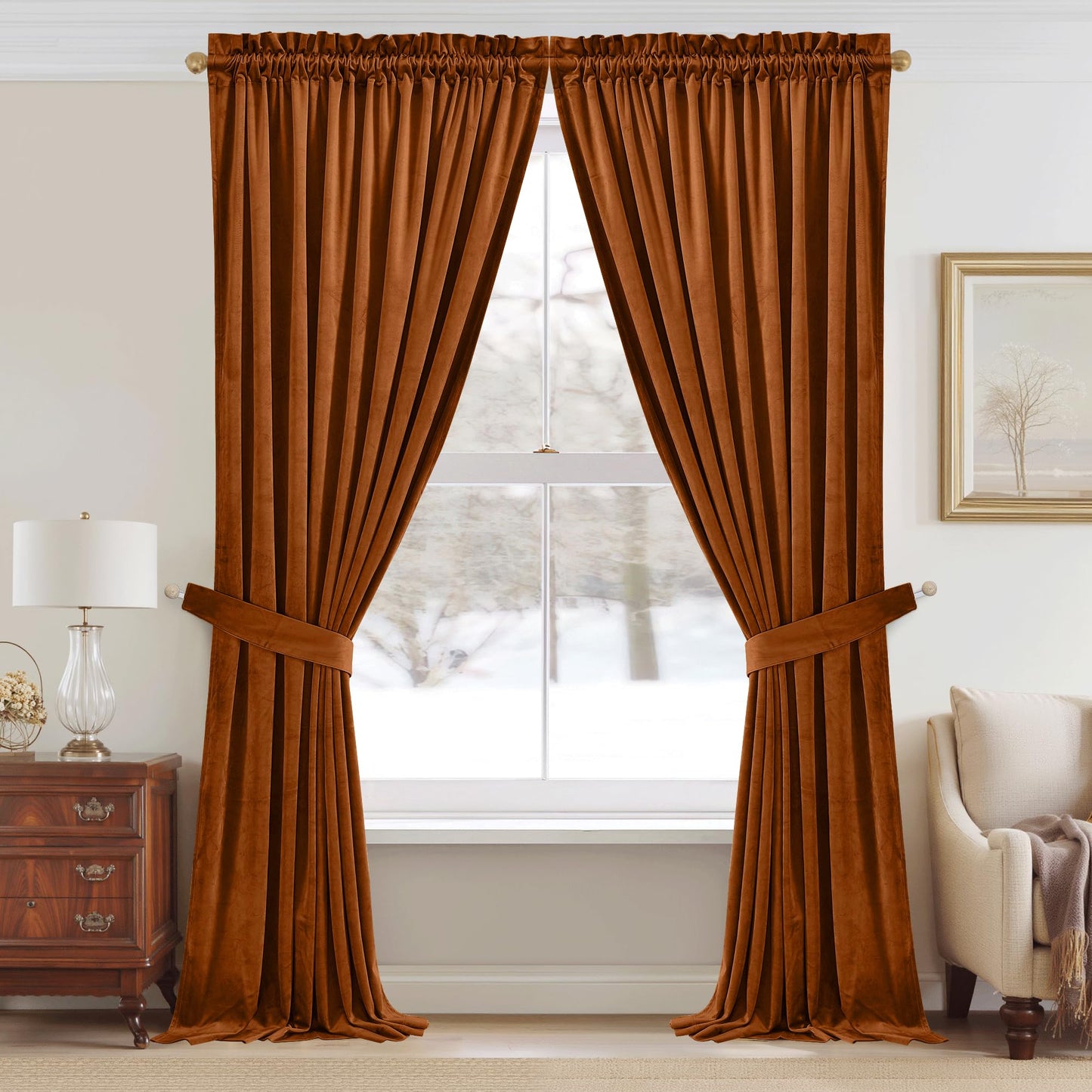 StangH Fall Curtains Burnt Orange Velvet Curtains Luxury Terracotta Thermal Insulated Room Darkening Bedroom Window Drapes for Living Room, Holiday Home Decor for Backdrops, W52 x L84, 2 Panels