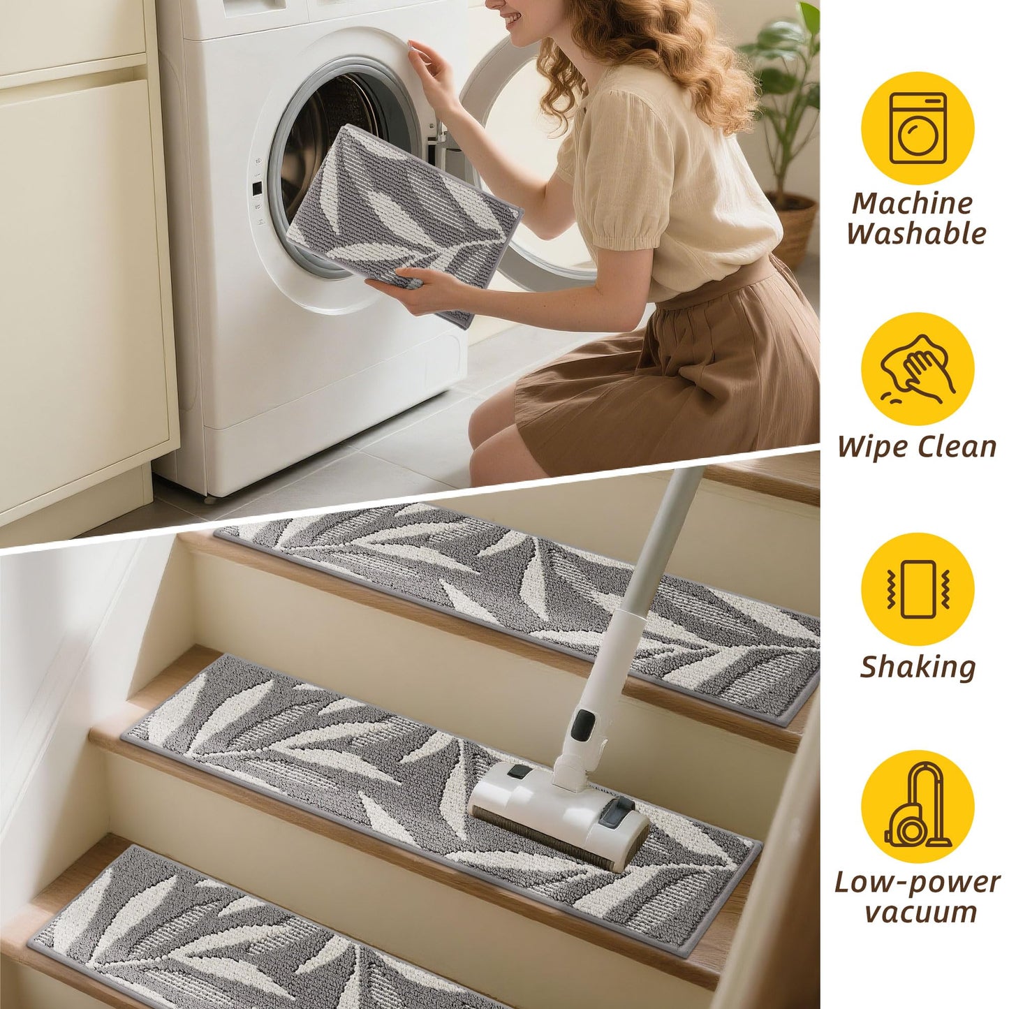 JSEI Stair Treads for Wooden Steps with 3D Leaf Pattern, 14 Pack 9" X 28" Carpet Stair Treads Non-Slip Indoor with TPE Backing, Machine Washable Stair Runners for Kids Elders and Pets, Grey