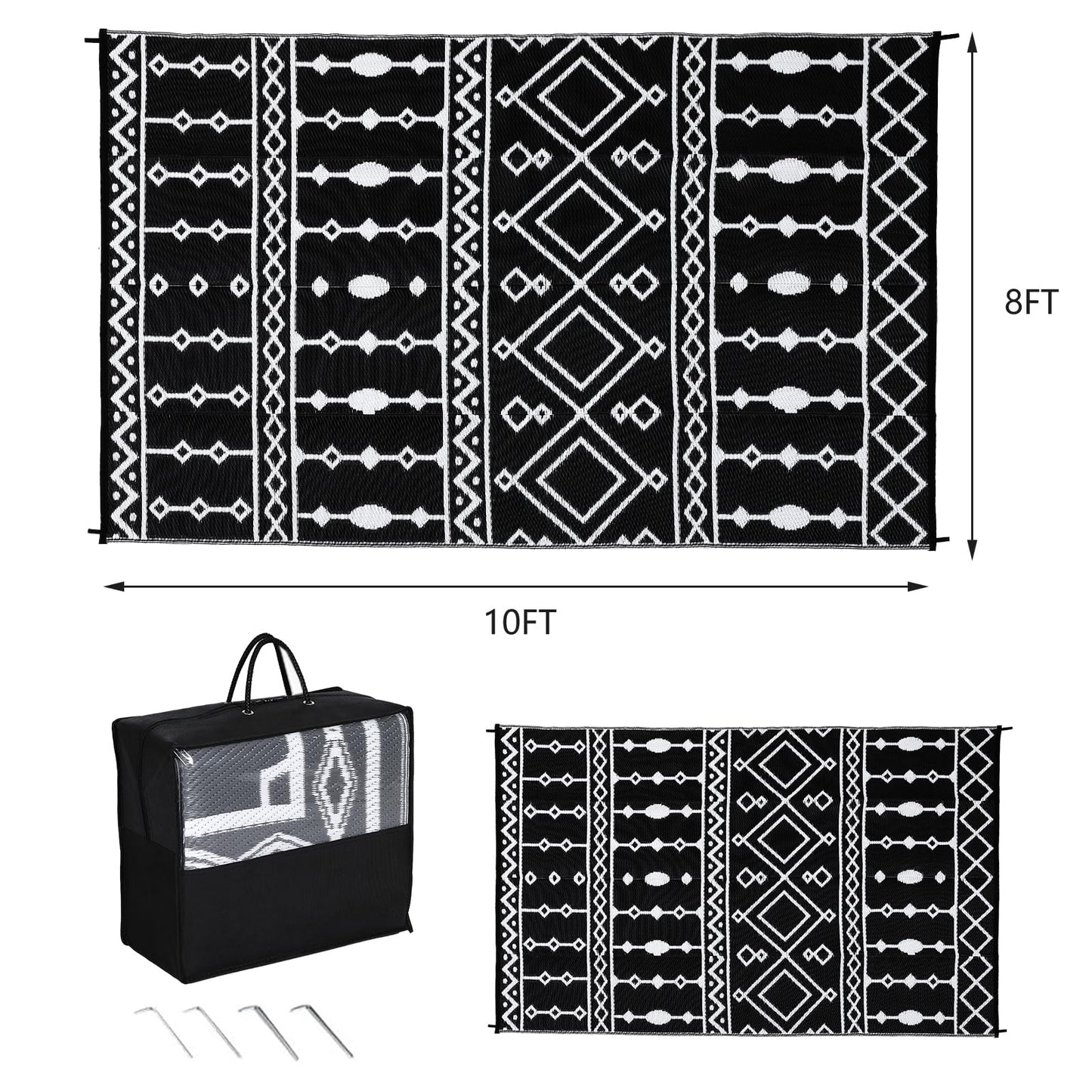 Acekool Waterproof Outdoor Rug, 8x10ft Plastic Straw Rug for RV Camping, Large Floor Mat and Rug for Outdoors, Outside Carpet for Rv, Deck, Camper, Picnic, Black