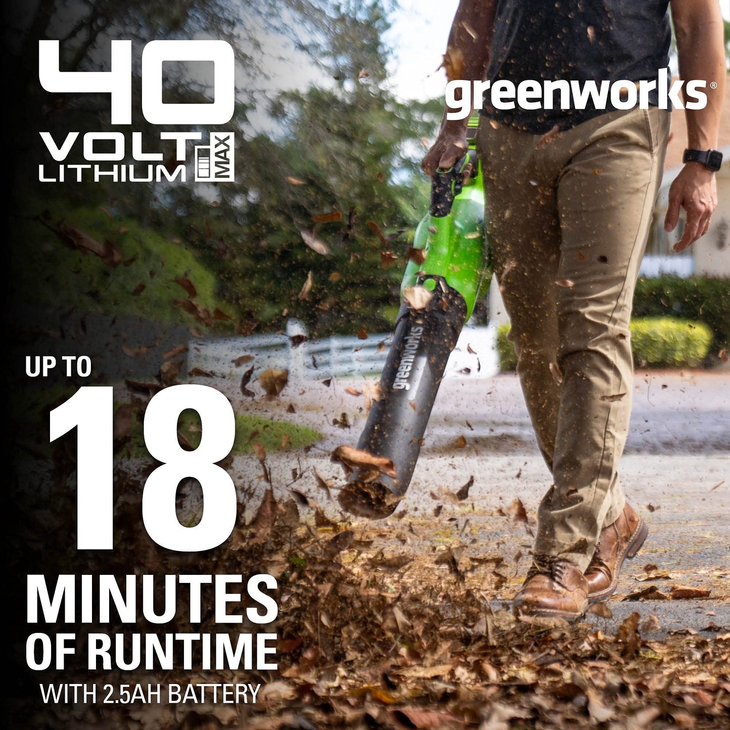 Greenworks 40V (120 MPH / 500 CFM) Leaf Blower, for damp autumn leaves, spring pollen, summer grass clippings, and winter debris across driveways, patios, Includes 2.5Ah Battery and Charger