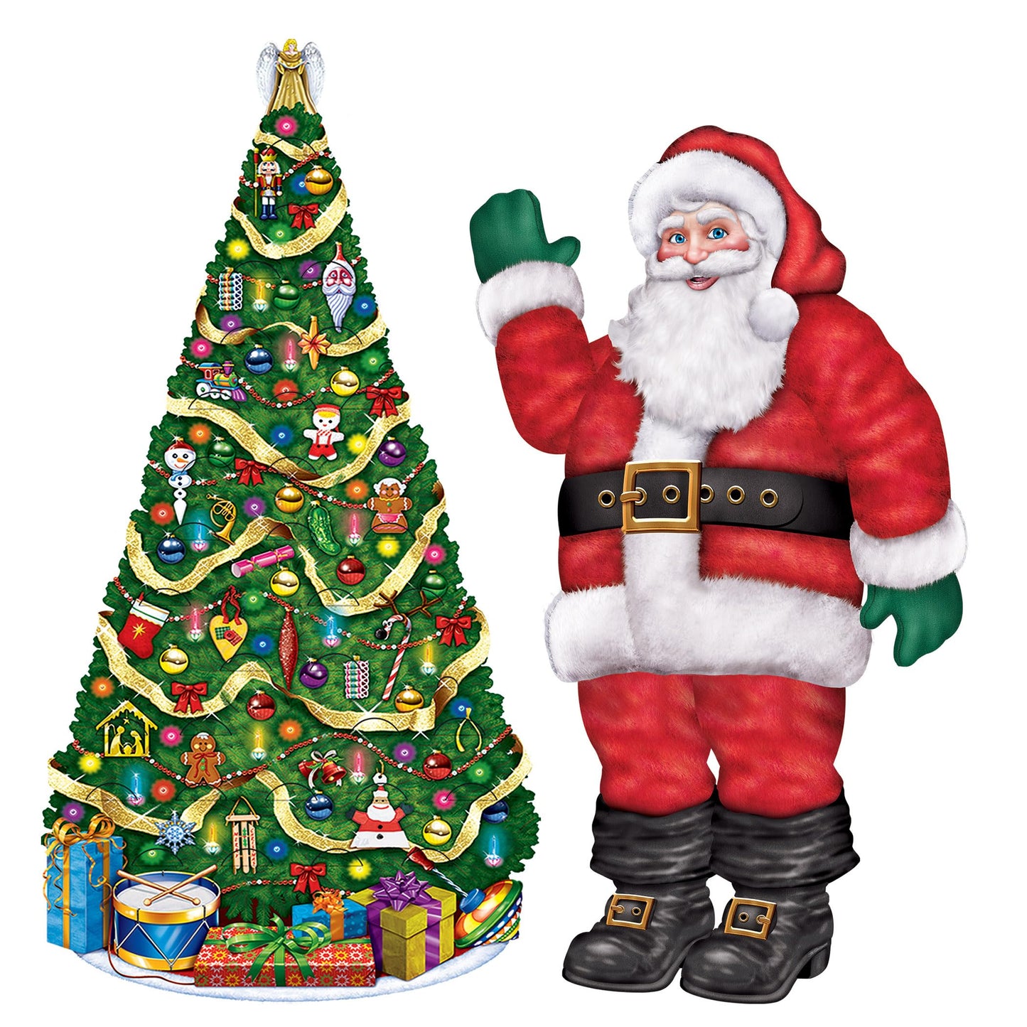 Beistle Christmas Jointed Decoration Bundle – Santa Claus Cutout and Christmas Tree with Greeting Card Holders, Large Holiday Props and Wall Decorations for Home, Office, Parties, and Seasonal Events