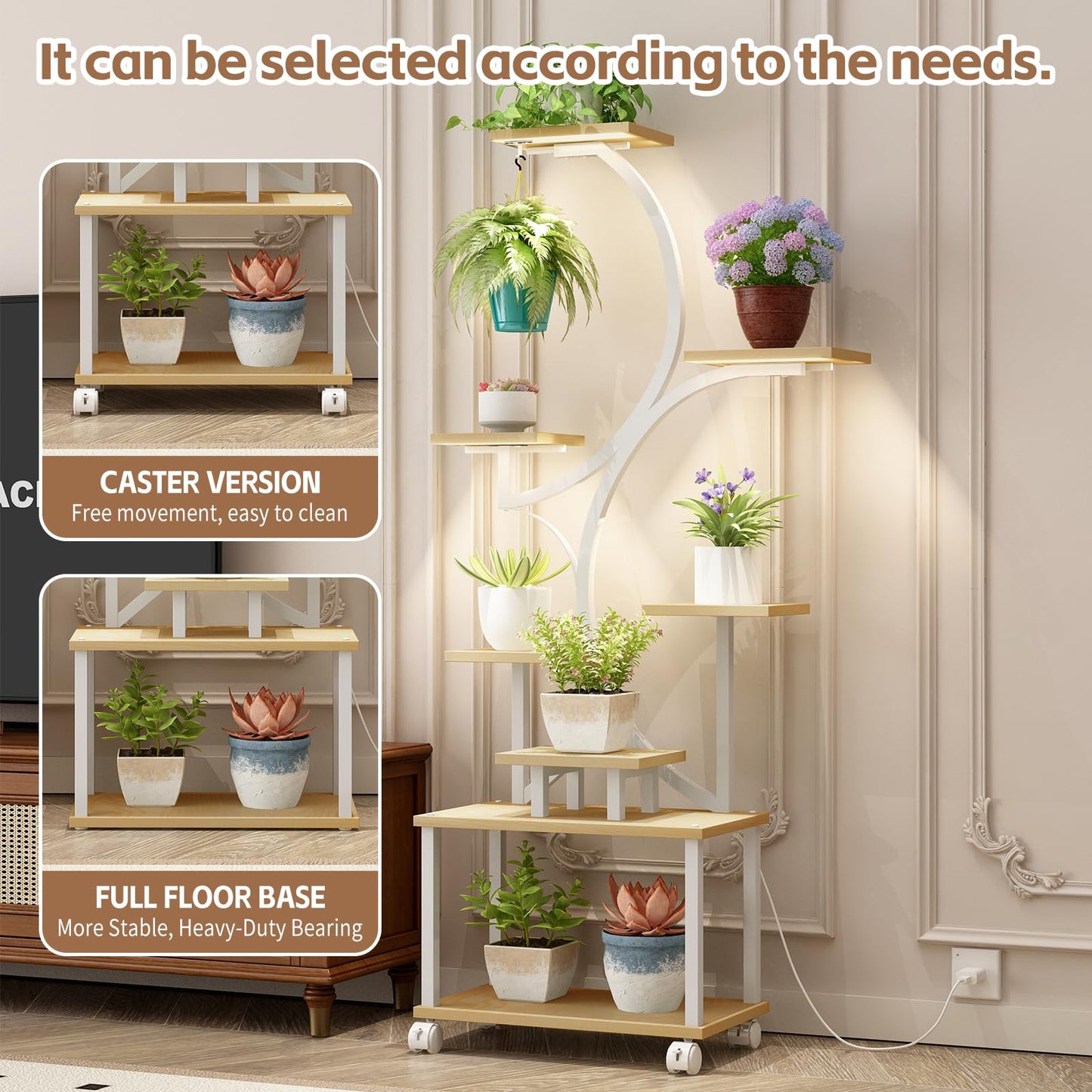 AJLDN Plant Stands Shelf Indoor with Grow Lights - 62in Tall 8 Tiered Plant Holder, S-Shaped Corner Shelf for Living Room, Large Flower Stand for Indoor Plants,Natural