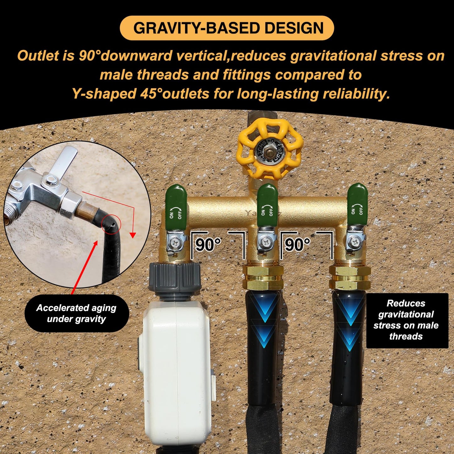Yayamz Heavy-Duty Brass Garden Hose Divider - 3/4-inch GHT Threaded Tee with Shut-Off Valve, Water Flow Divider for High-Pressure and High-Flow Faucet Adapter, Metal Handle with Green Rubber