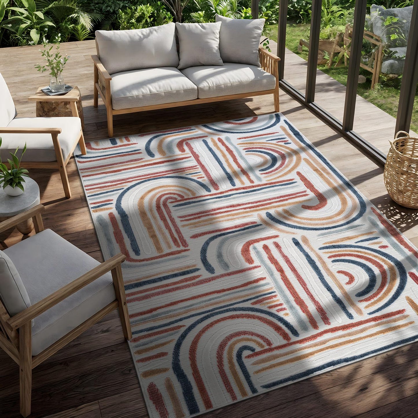 CAMILSON Indoor Outdoor Rug, Multicolor 5x7 Geometric Arch Striped Area Rugs for Patio and Home Areas, Easy-Cleaning Non-Shedding Living Room, Garden and Deck Washable Outside Carpet (5 x 7)