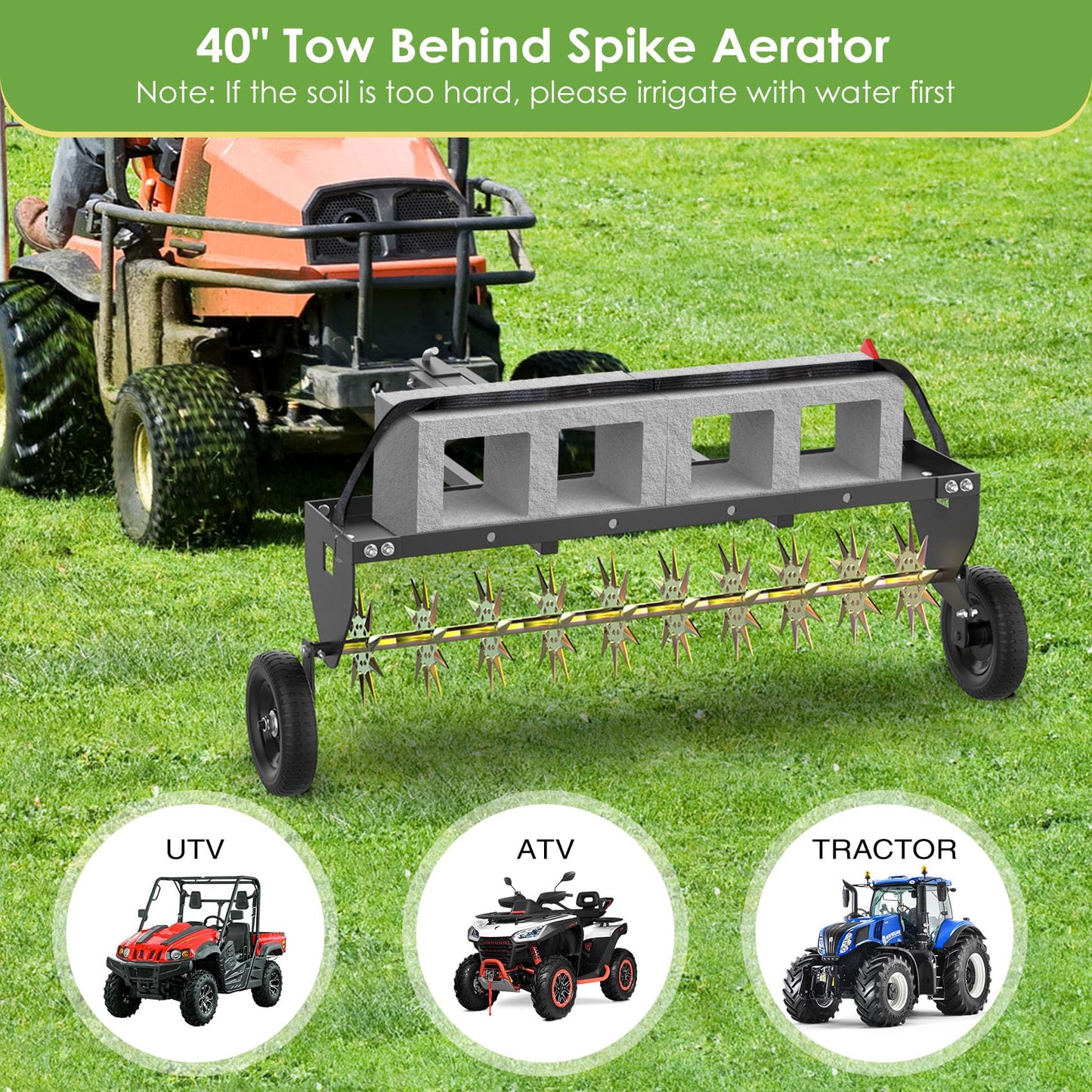 Seeutek 40 Inch Tow Behind Spike Aerator - Heavy Duty Rolling Lawn Aerator with 3D Steel Tines & Weight Tray, Extra-Wide Tow Bar Soil Penetrator Spikes Tractor with Folding Shovel for Lawn Garden Farm