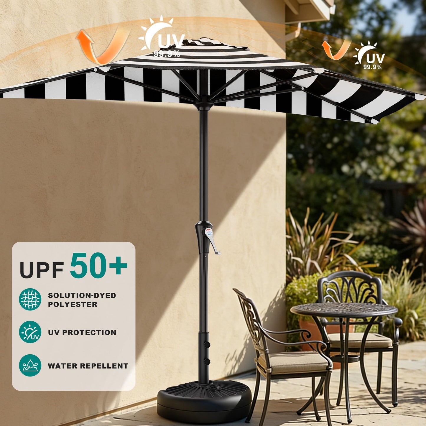 AreShark 9FT Half Patio Umbrella, Outdoor Wall Umbrella with Crank & 5 Sturdy Ribs, Table 1/2 Umbrella Patio for Garden, Deck, Balcony and Pool, Black & White Stripe