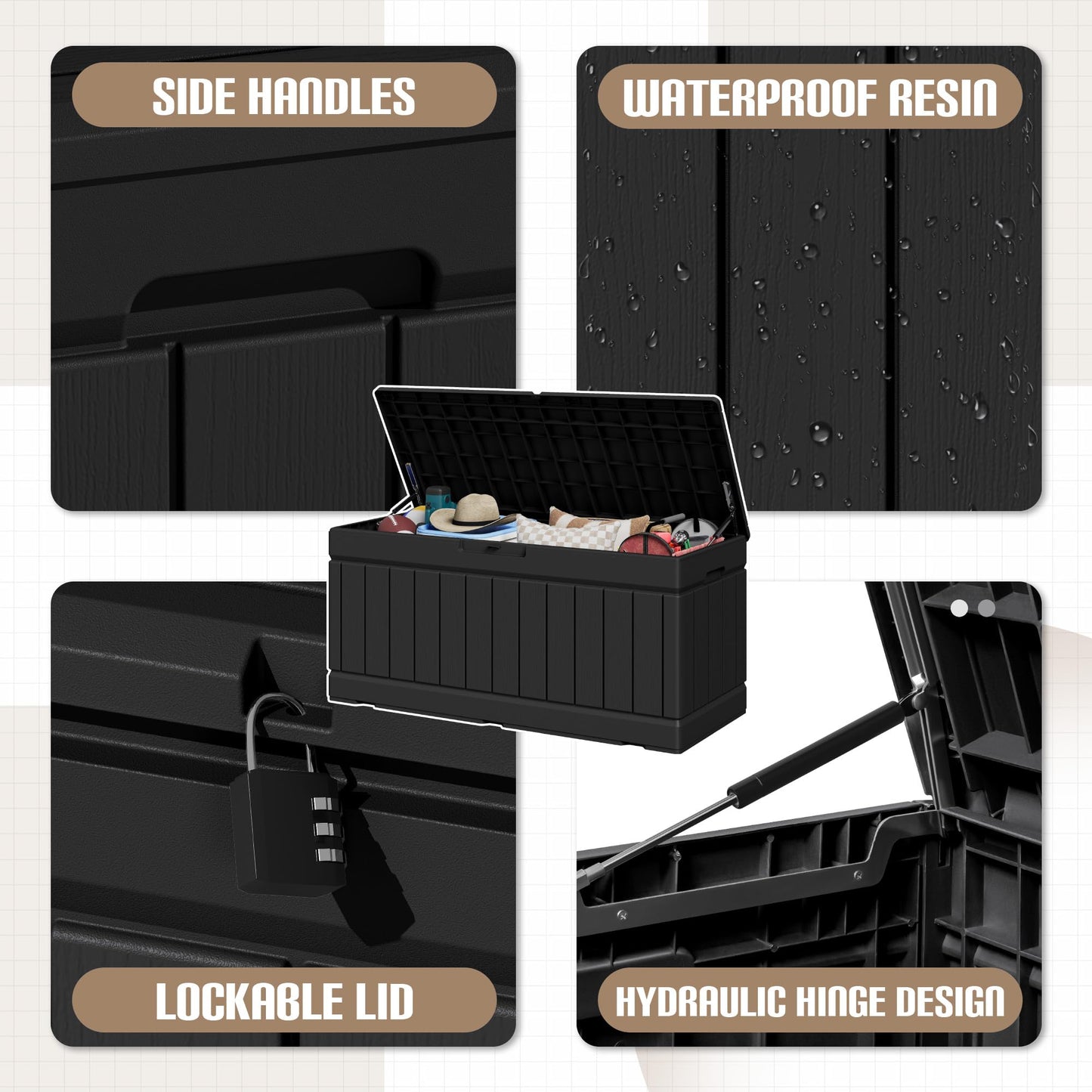 JUMMICO 78 Gallon Outdoor Deck Box Large Resin Storage Box for Patio Furniture Cushions and Garden Tools (Black)