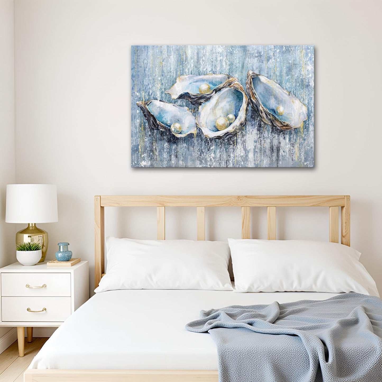 FuShvre Coastal Theme Wall Art Decor Oyster Shell with Pearl Canvas Painting Blue Prints Artwork for Bathroom Bedroom Stretched and Framed 36"x24" (L)