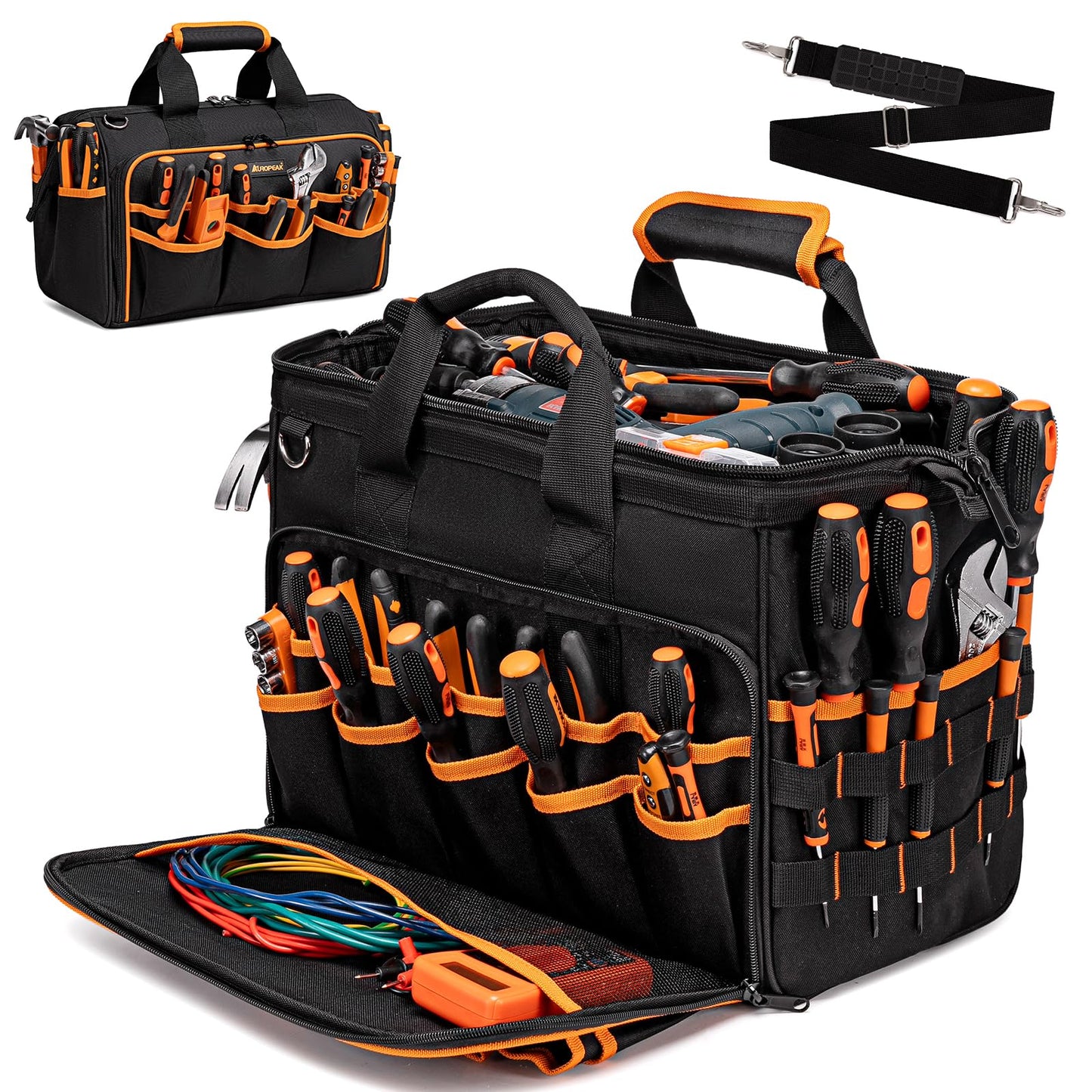 17-Inch Electrician Tool Bags for Men, 46-Pocket Heavy Duty Tool Bag, Foldable Hvac Tool Bag Organizer with Wide Mouth & Adjustable Shoulder Strap for Electricians Mechanics Craftsman Contractor