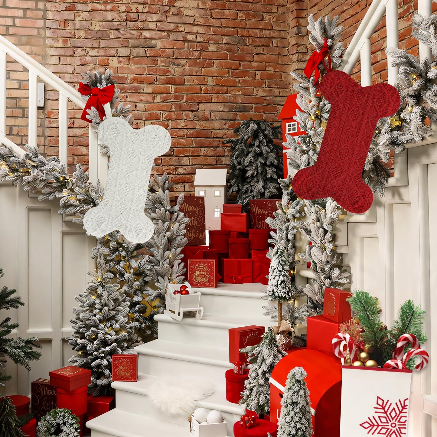 KCFESTIHUE Christmas Stocking, Large Dog Bone Shape, Super Soft Cable Knit Pattern, 18", Fireplace Hanging Holiday Decoration, Knitted Xmas Stockings for Pets, Family Party Décor, White