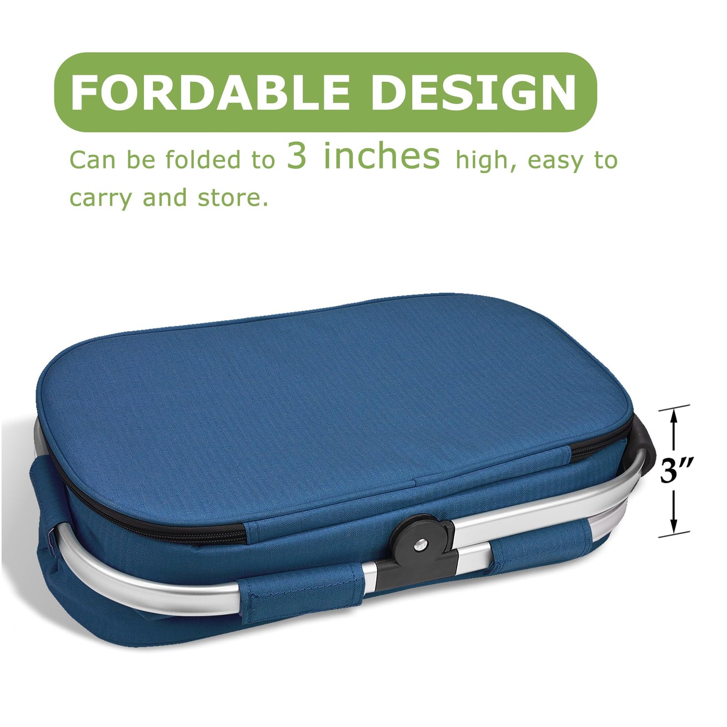 Tirrinia Large Insulated Picnic Basket, 34L Water Resistant & Leakproof Collapsible Portable Cooler Basket Set with Aluminium Handle for Travel, Shopping, Camping,Foldable Grocery Bag, Blue