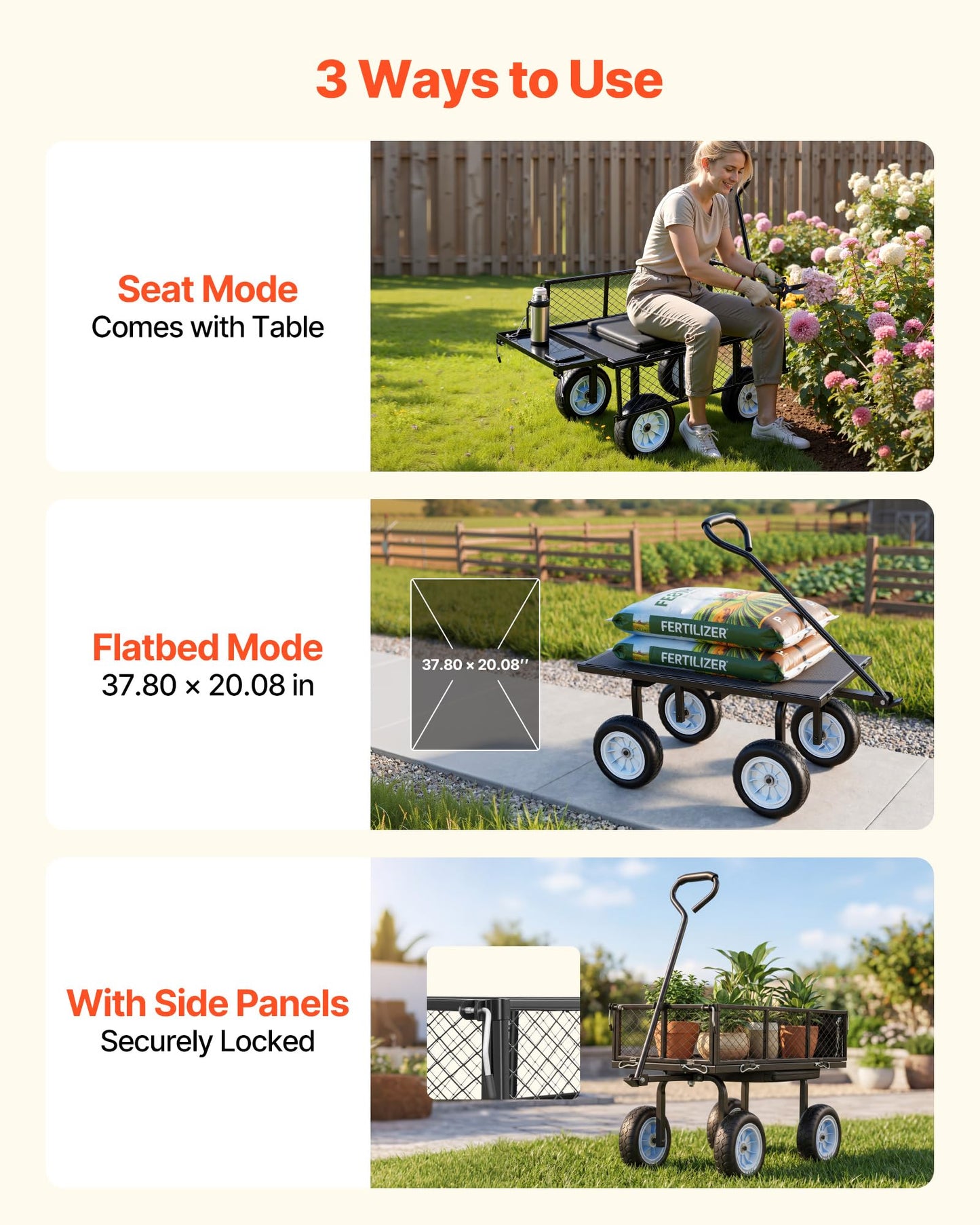 VEVOR 500 LBS Steel Garden Cart with Work Seat, Heavy Duty Garden Wagon Cart on Wheels, Outdoor Metal Utility Yard Wagon Gardening Stool with 10inch Flat Free Tires, Tool Tray & Adjustable Handle