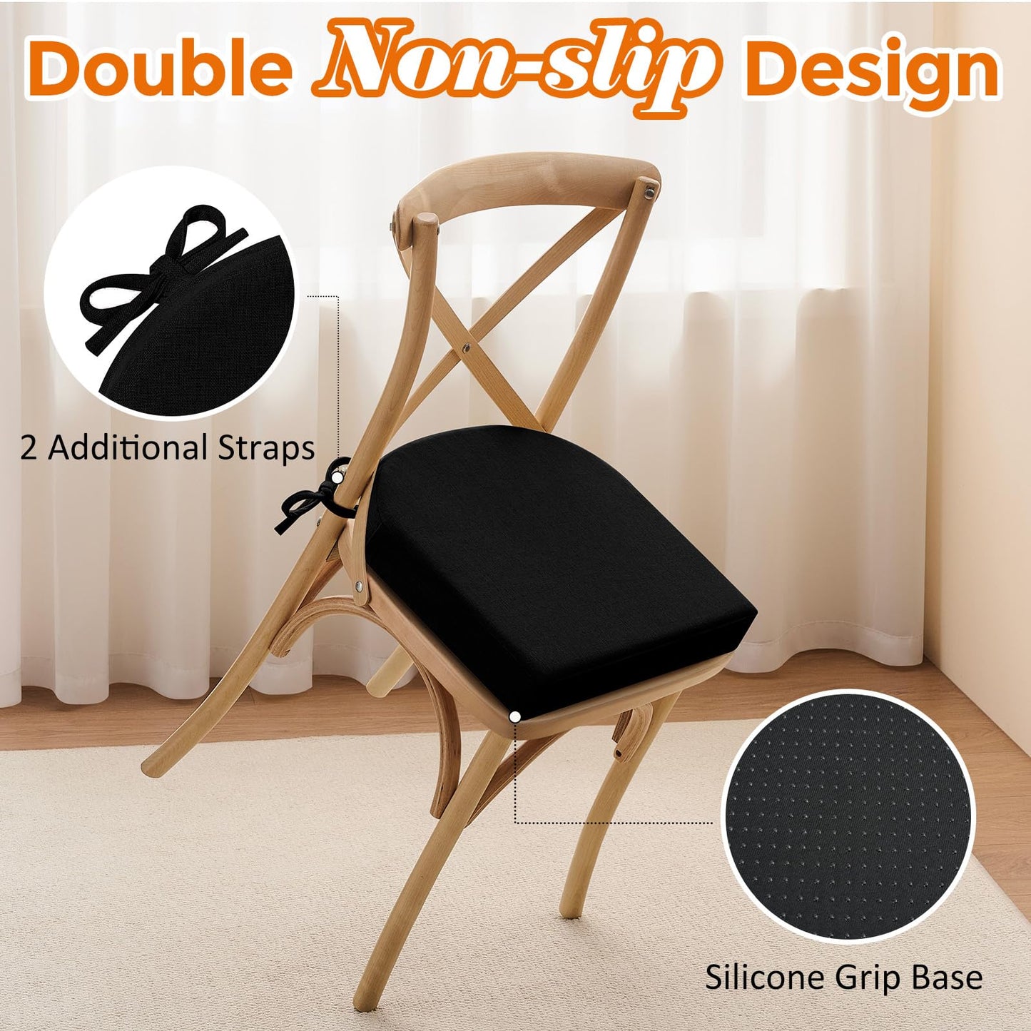downluxe Chair Cushions for Dining Chairs, Memory Foam Linen Kitchen Chair Pads with Ties, Waterproof, Stain-Resistant and Washable Cover, 17" x 16" x 2.5", Black, 6 Pack