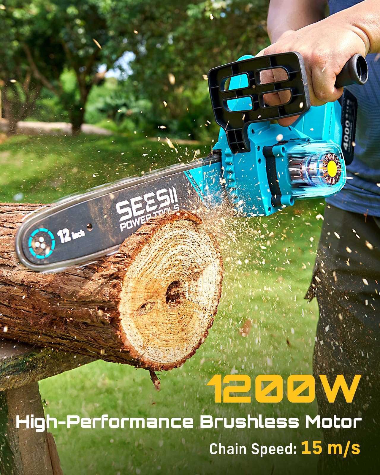 SEESII Electric Chainsaw Cordless 12-inch, Handheld Chain Saws with 2 x 4.0Ah Battery, Tree Saw with Tool-free Chain Tension, Auto Oiling for Wood Cutting Trimming Branch