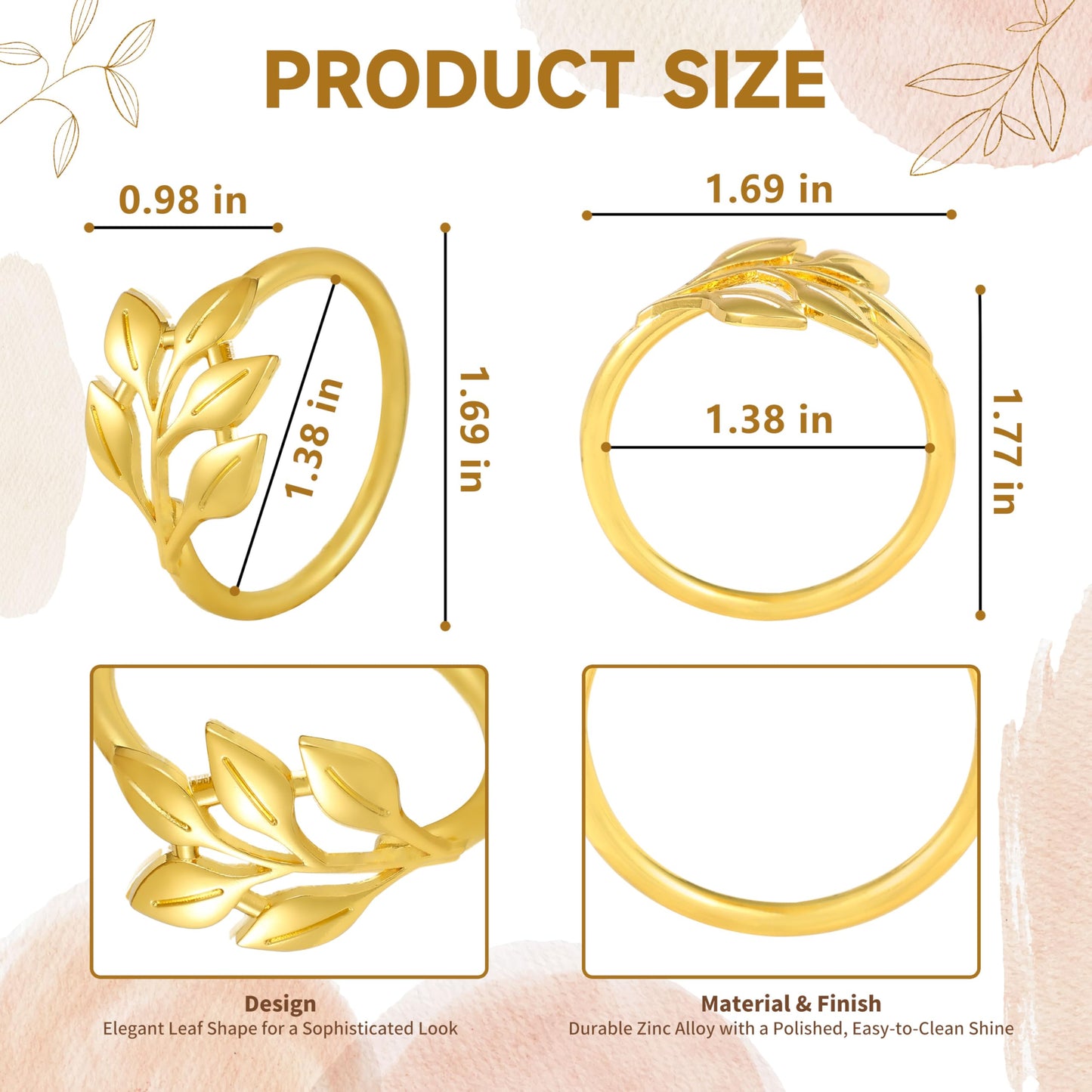 MONKKINO Napkin Rings Set of 12, Shiny Gold Napkin Rings, Smooth, Easy Care, Solid Zinc Alloy Leaf Shaped Elegant Table Decor, Stylish Napkin Ring Bulk for Holidays Wedding, Party, New Homes Gift