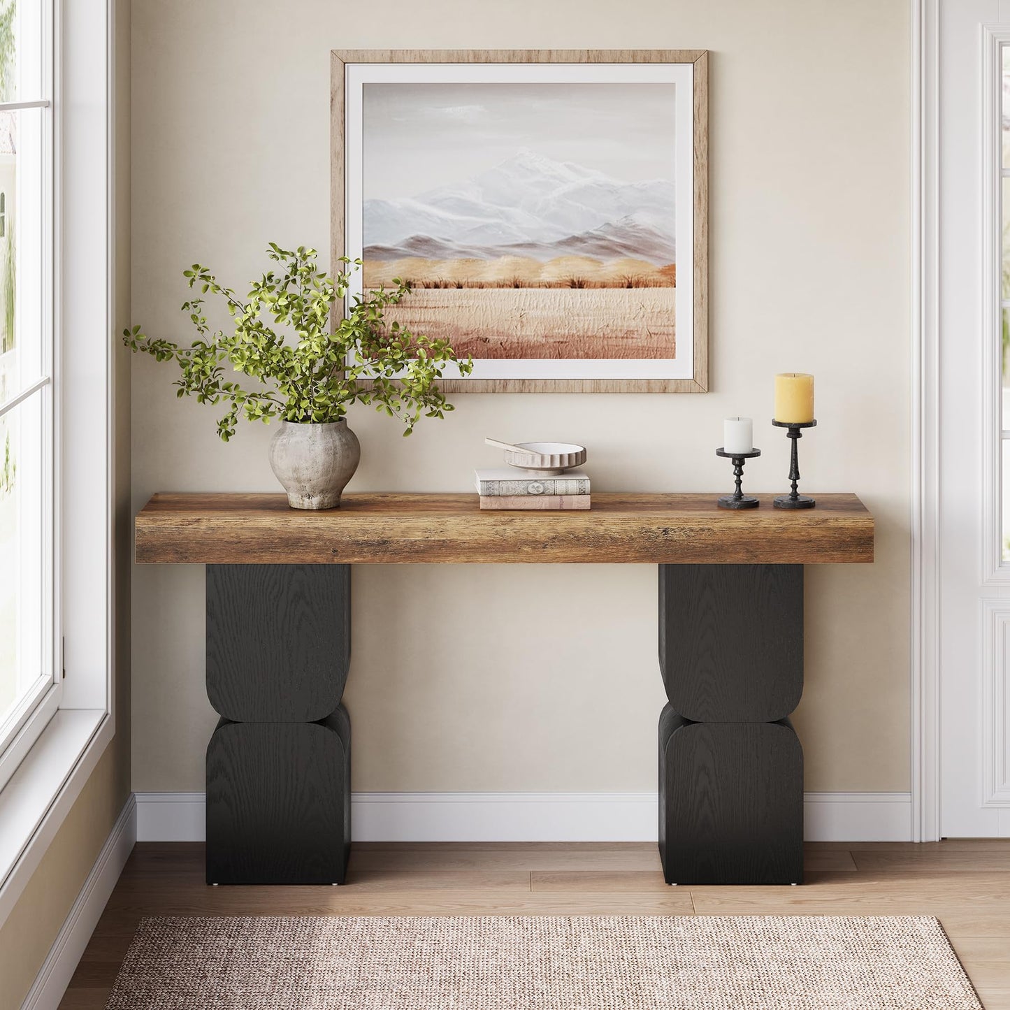63-Inch Console Table, Heavy-Duty Look, Behind Couch Sofa Table, Color Blocking Design, Bold Structural Presence, Modern Entryway Furniture for Living Room, Hallway, Foyer, Brown + Black