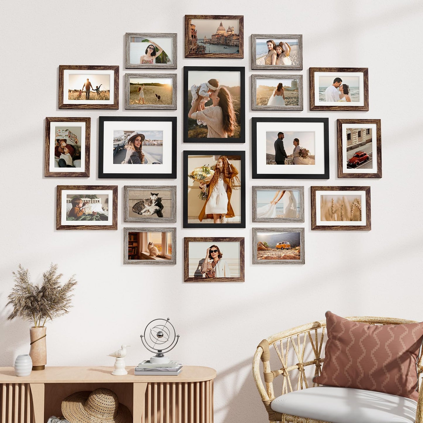 Vittanly 20 Pack Picture Frames Collage Wall Decor, Multi Sizes Including 4pcs 8x10, 8pcs 5x7 and 8pcs 4x6 Photo Frames, Gallery Frame Set for Wall or Tabletop Display, Black, Brown and Dark Grey
