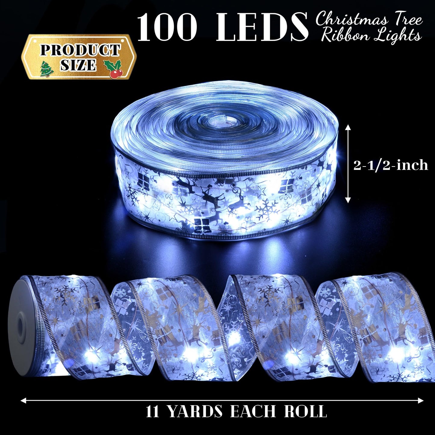 Vimorg Christmas Decorations, 2.5Inch x 33Ft 100 Led Christmas Tree Ribbon Lights with Remote Control, Battery Operated & USB Powered 8 Lighting Modes Fairy String Lights with Timer for Xmas Decor