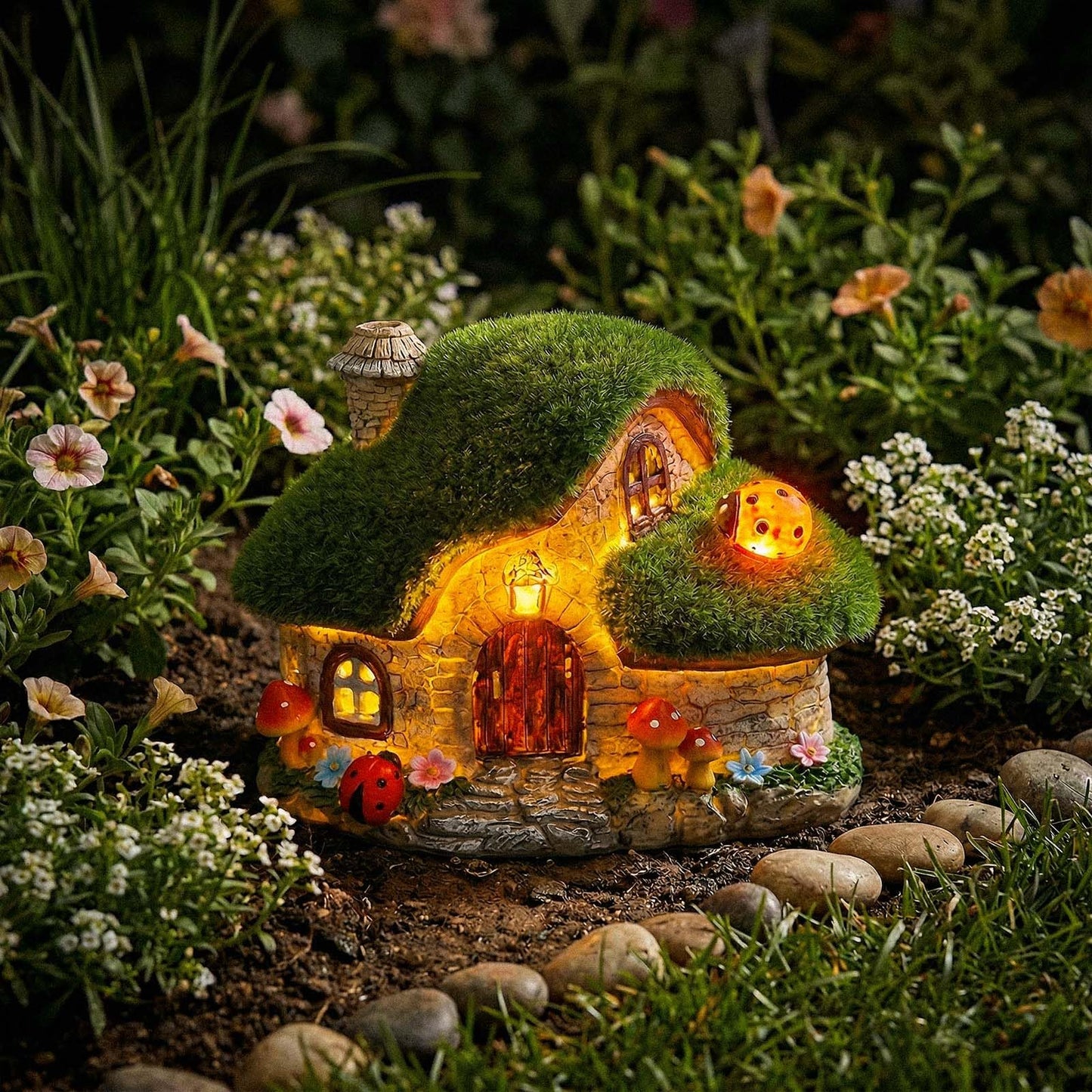 Solar Fairy Garden House Accessories, Outdoor Garden Statues with Ladybug Lights & Mushroom Gardening Gifts for Women, House Sculpture Figurine Outside Garden Decorations for Yard Patio Lawn Decor