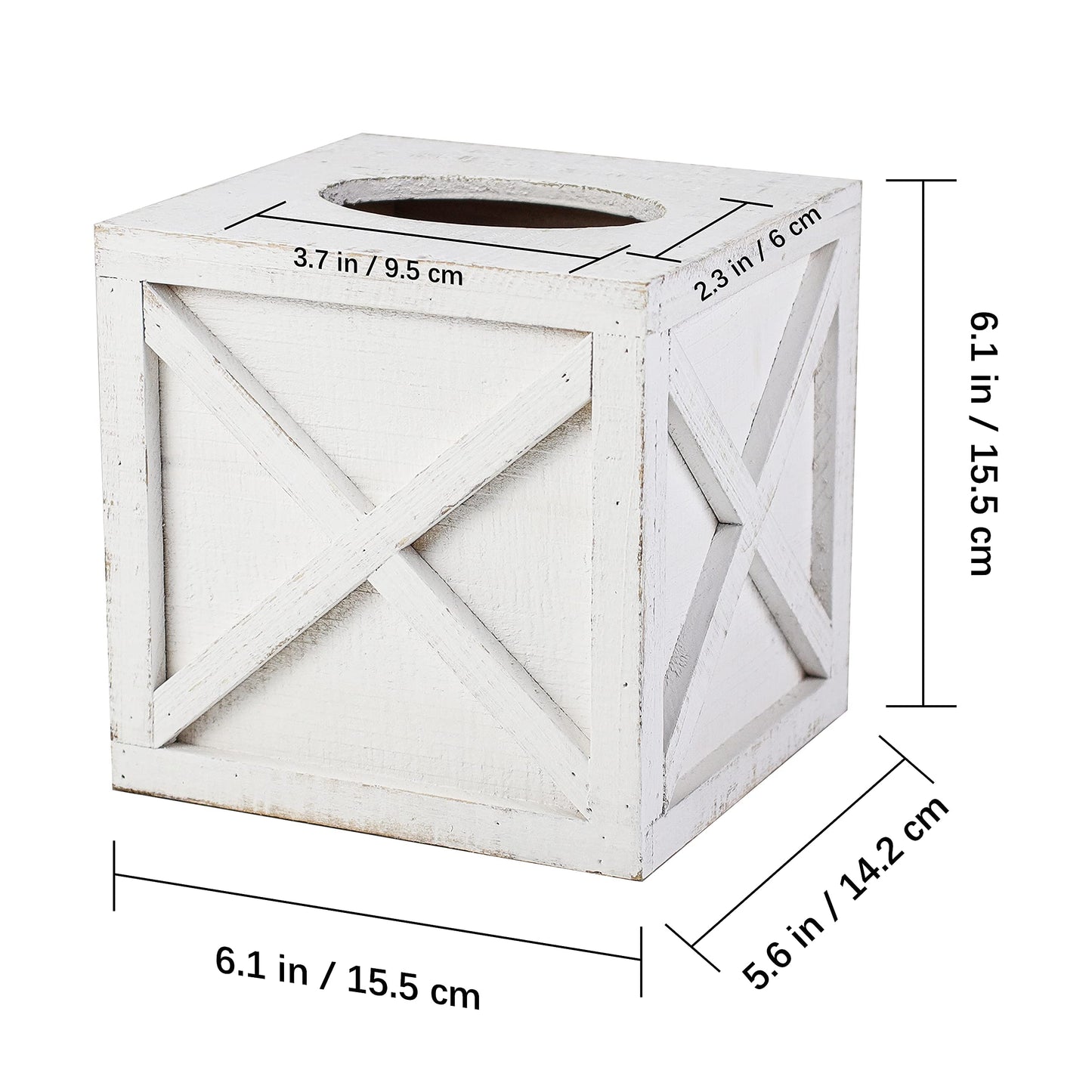 Karisky 2 Pack Square Rustic Wood Tissue Box Cover Holder with Slide-Out Bottom Panel, Farmhouse Facial Paper Dispenser for Bathroom Vanity, Bedroom, Night Stands, Office, 6 x 6 inch, White