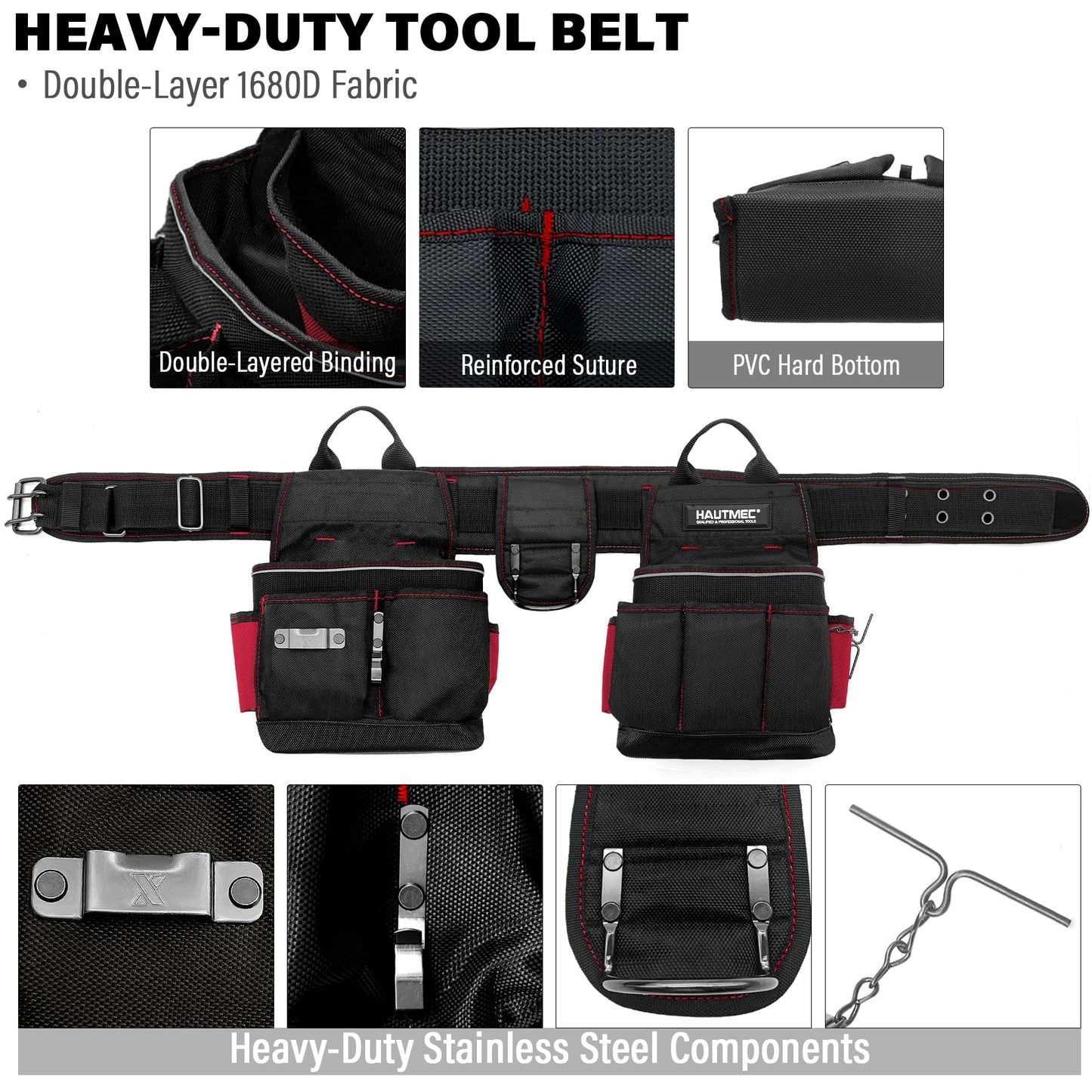 HAUTMEC Heavy-Duty Tool Belt, 20-Pocket 1680D Tool Pouch with Reinforced PVC Base, Adjustable Work Belt (37”–42”) with Drill Pocket, Hammer Loop, Tape Clip & T-Chain for Jobsite Use – HT0177