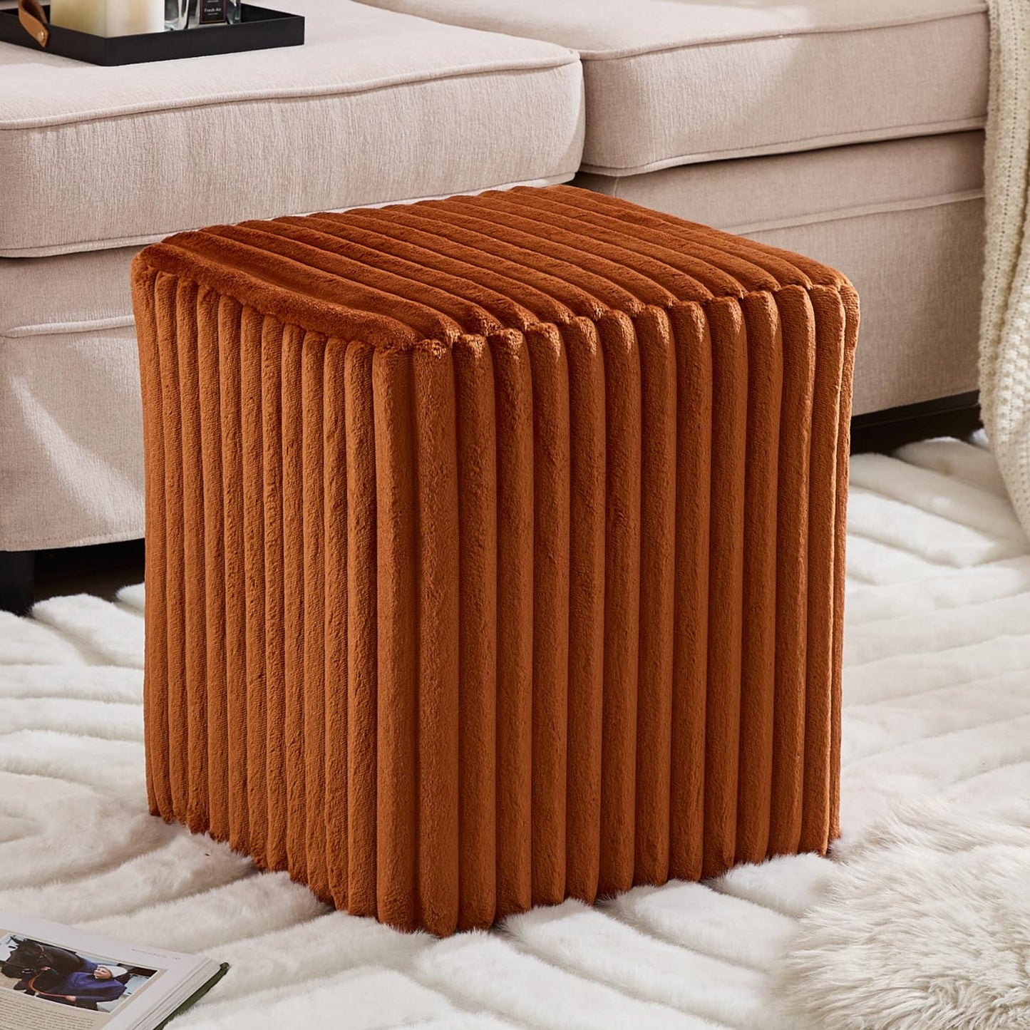 YDcosyfy Modern Square Ottoman, Vertical Channel Tufted Foot Stool Ottoman, Velvet Upholstered Vanity Stool for Makeup, Bedroom, Living Room, Dark Orange