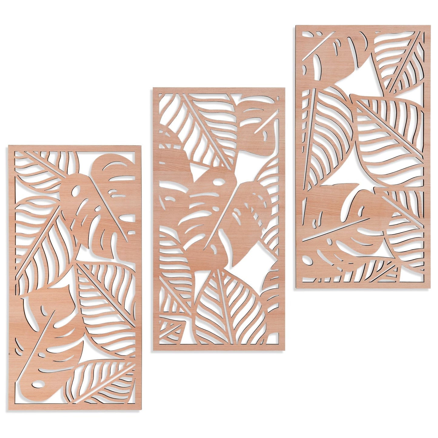 Tropical Decor 3D Wood Wall Art Set of 3, Carved Palm Tree Coastal Wall Decor, Hawaiian Wooden Wall Art for Bedroom, Bathroom, Living Room (Palm Leaf Cutout - 15.7 x 7.87 inch)