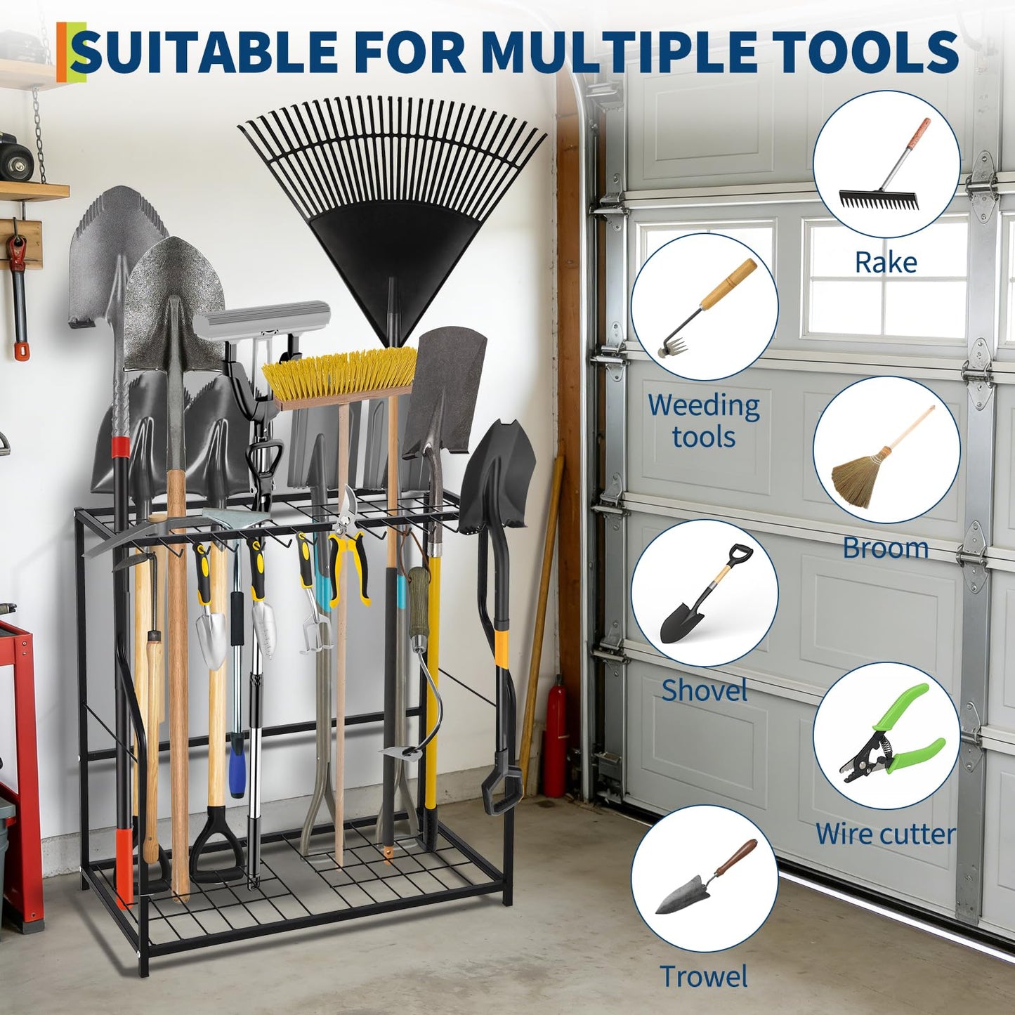 Garden Tool Organizer 2 Tier Yard Storage Rack With14 Hooks,Heavy Duty Holder With 43 Long-Handled Slots,Freestanding Tool Organizers and Storage for Yard Shed and Lawn