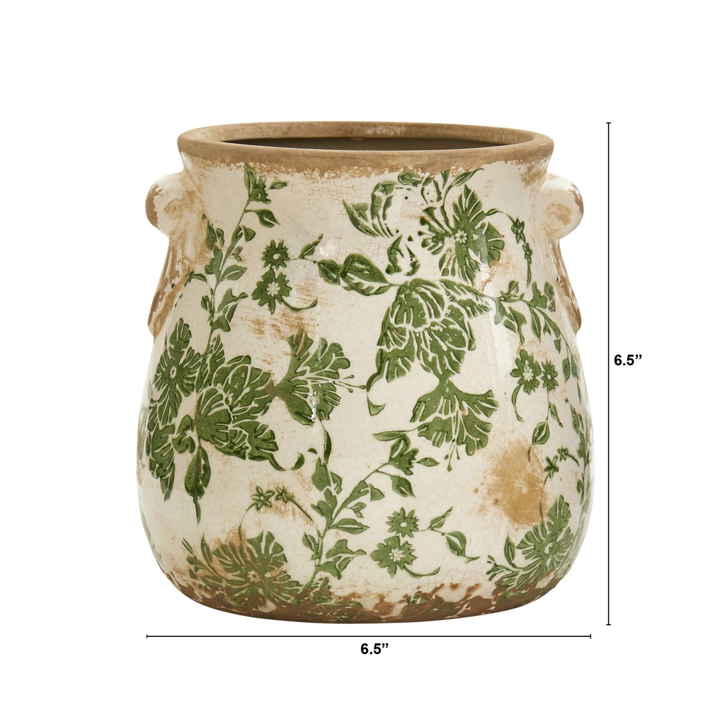 Nearly Natural 6.5in Ceramic Decorative Vase, Tuscan Style Green Floral Scroll Design For Indoor Home Shelf Table Decor