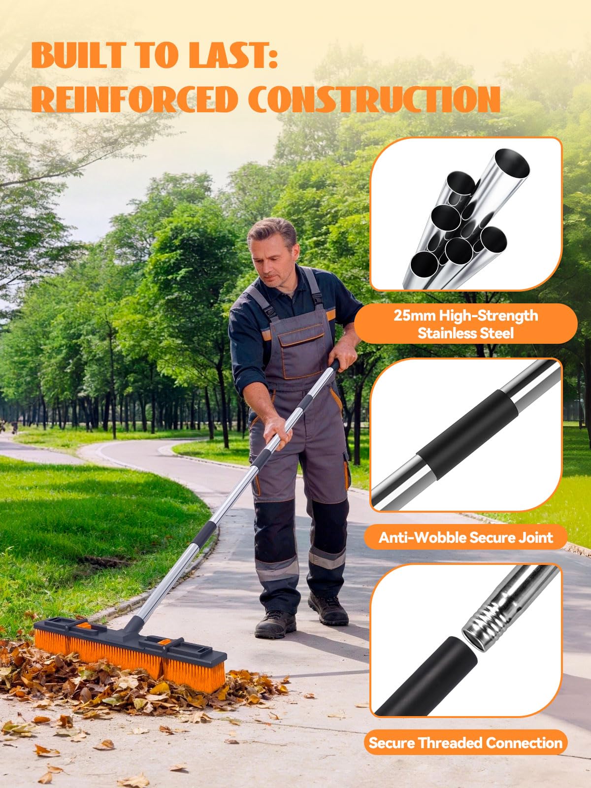 18.5"/47cm Adjustable Head Push Broom for Outdoor 57"/145cm Thickened Stainless Steel Handle Ergonomic Shop Broom Stiff Bristle Heavy Duty Industrial Concrete Garage Patio Garden Yard Deck Driveway