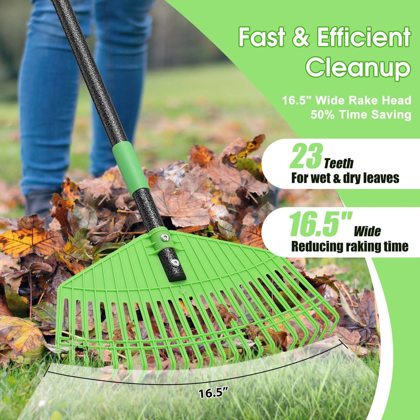 Garden Leaf Rake,16.5” Plastic Leaf Rake for Lawn,Unbreakable Nylon Head, No Harm to Lawn Grass,Yard Raking Tools for Turf Leaves Thatch Debris Pine Needle Cleanup, Lightweight for Kids Seniors