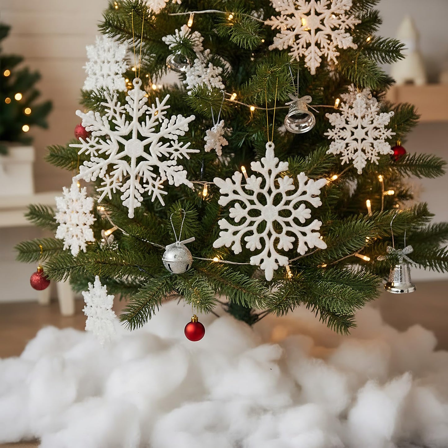 HunnmingRe 37 Pcs Christmas Tree Ornaments Set, 93 x 35 Inches Snow Blanket Roll and 36 Pcs White Glitter Plastic Snowflake Ornaments for Winter Tree Garland Village Decor
