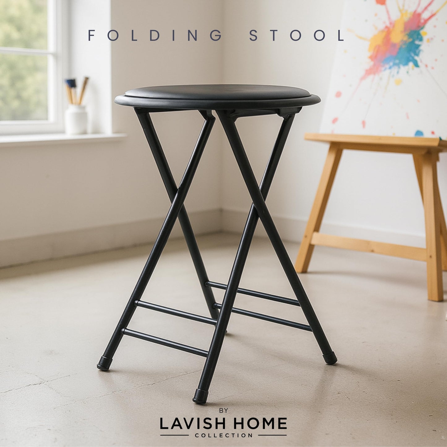 Trademark Home Collection Backless Folding Stool with 225lb Capacity for Kitchen or Rec Room - Portable Indoor Counter Bar Stools (24-Inch, Black)