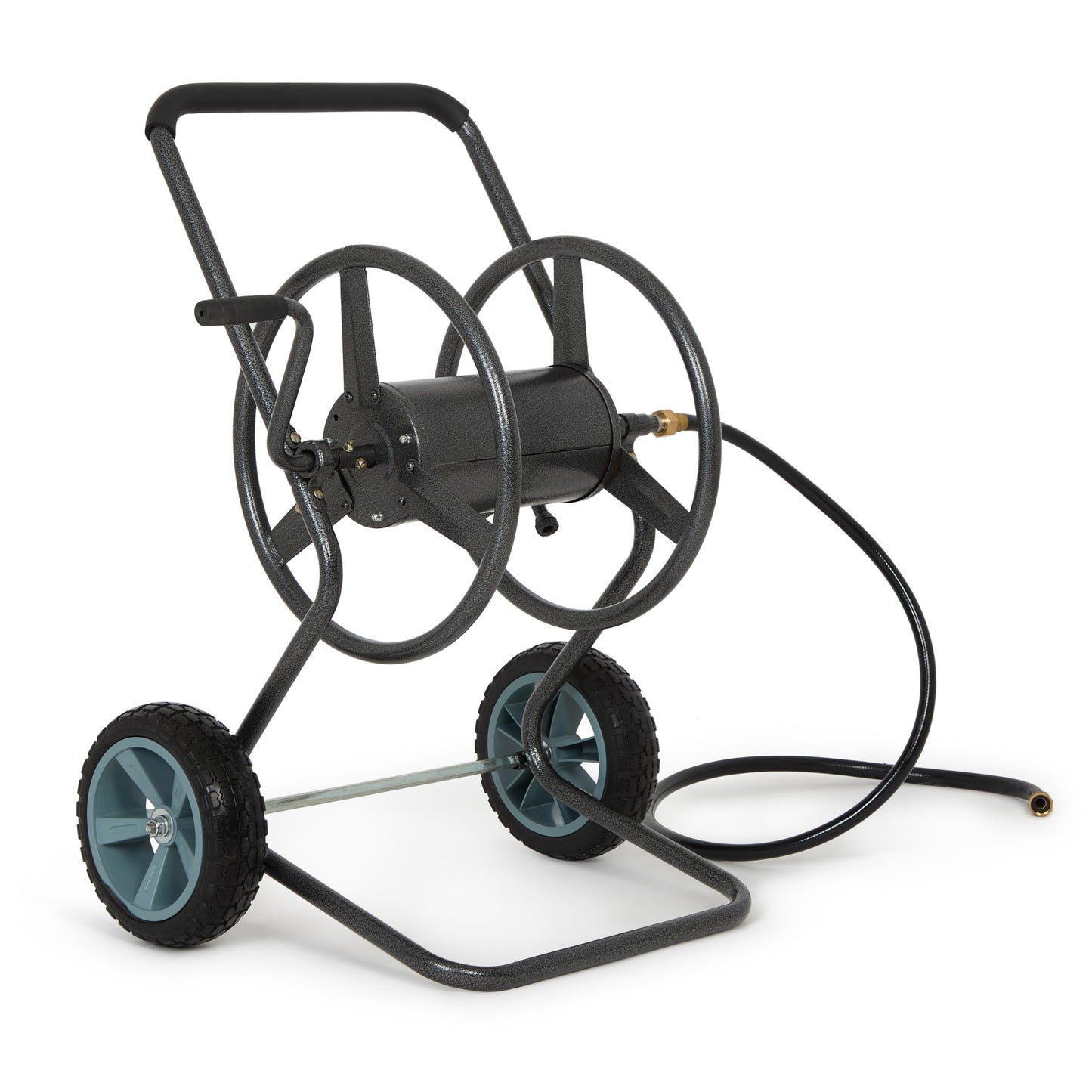 Backyard Expressions 2‑Wheel Garden Hose Reel Cart, Portable Hand‑Crank Hose Reel, Rust‑Resistant Hammertone Gray Finish, Brass Connectors