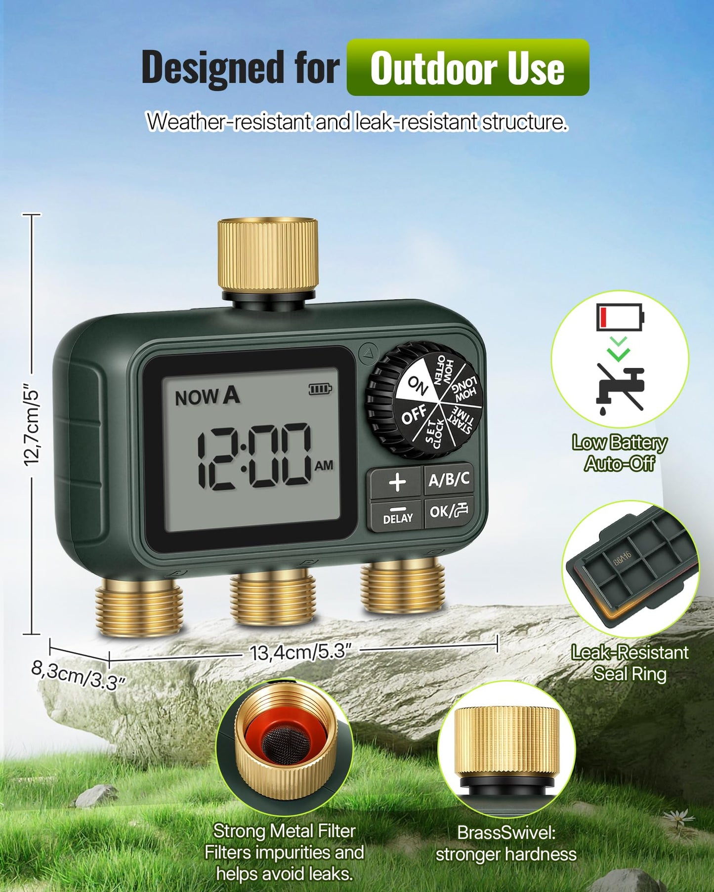 WILAWELS Brass Sprinkler Timer with Swivel, Programmable Water Timer for Garden Hose with Auto/Manual/Rain Delay Watering, Digital Irrigation System Kit,for Garden, Yard, Lawn 3 Outlet F13WT06