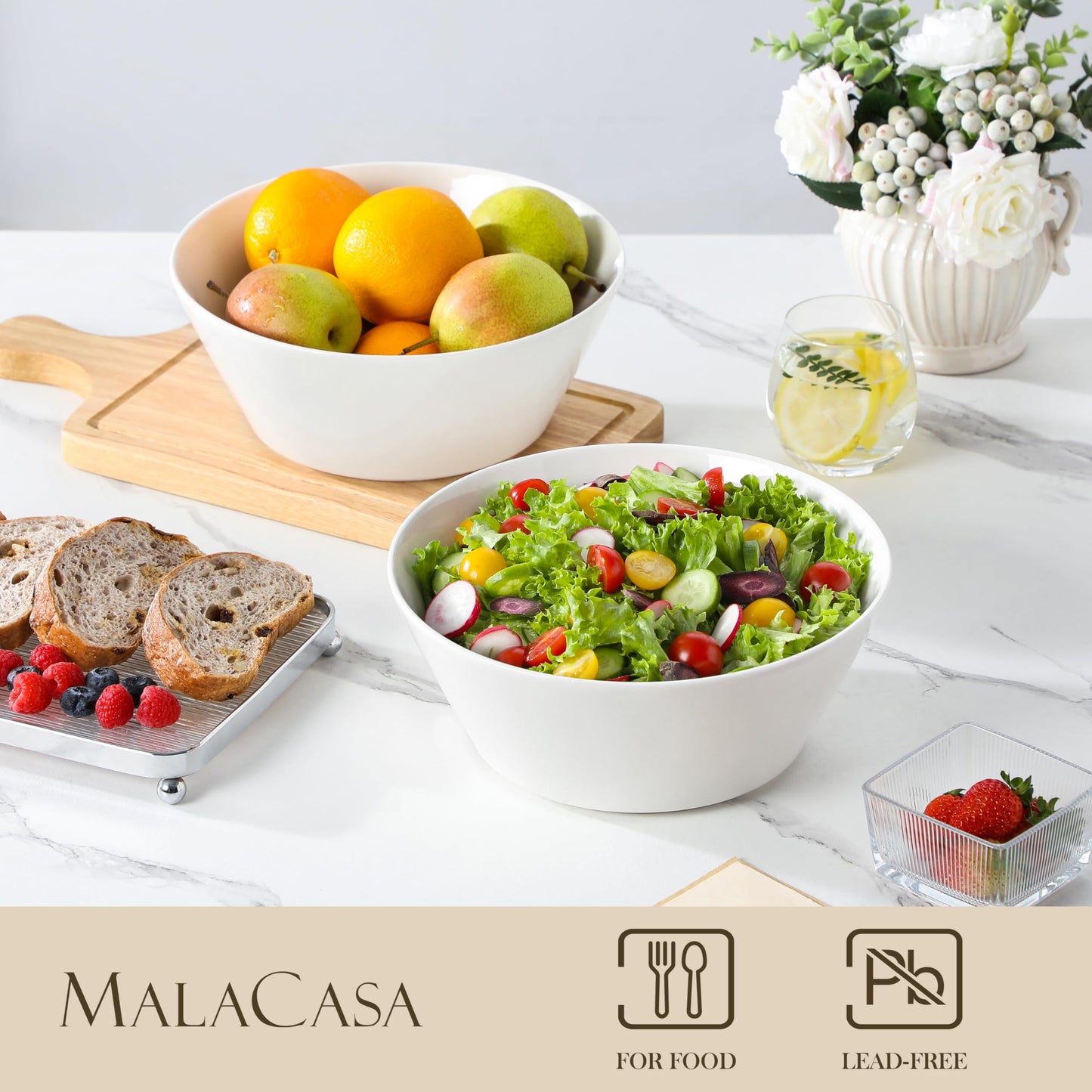 MALACASA Serving Bowls, 105 OZ Large Salad Bowls Set of 2, Porcelain White Bowls for Kitchen, Deep Bowls for Salad, Soup, Pho and Fruit, Ceramic Serving Bowls for Party, Microwave Safe, Series Regular