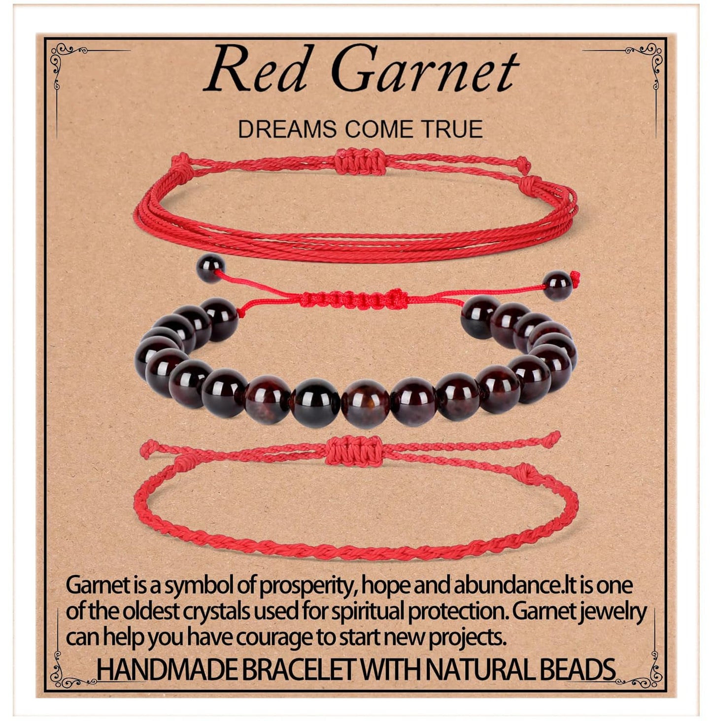QOGIR Handmade Healing Bracelets,8mm Natural Red Garnet Gem Stone Beads Bracelet for Men Women Gifts with 2PCS Size Adjustable Rope Bracelets