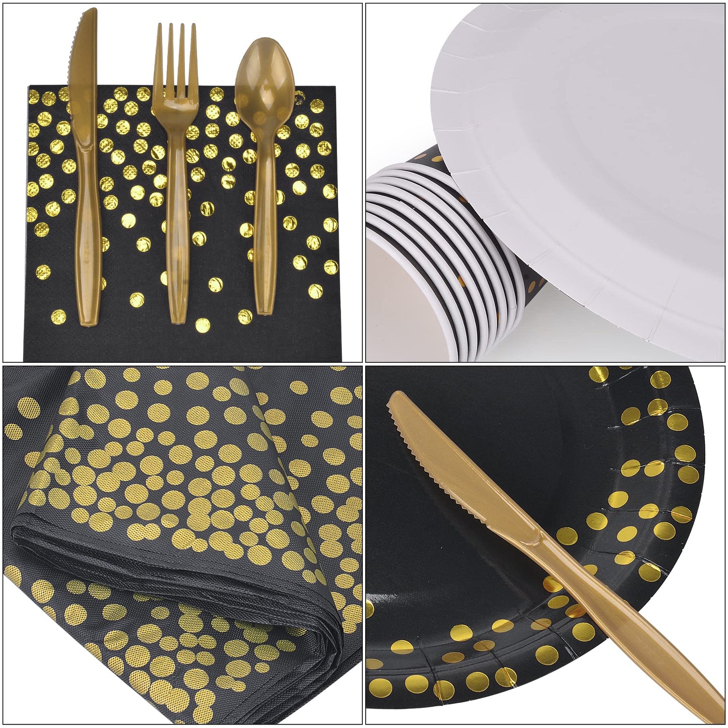 202pcs Eco-Friendly Disposable Black and Gold Paper Plates Supplies Bulk Dinnerware Decorations for Party Wedding Birthday Dinner Dessert (25 Guest)