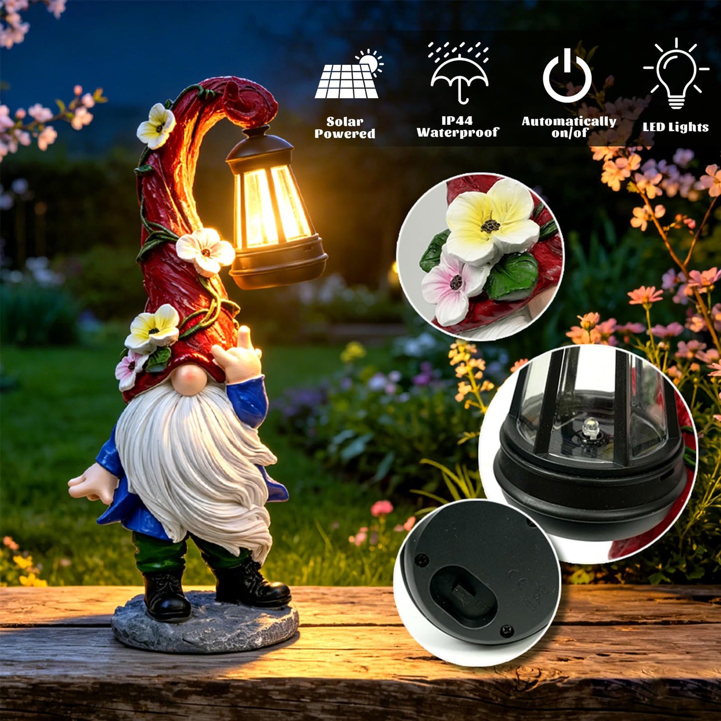 PaLuQiYa Garden Gnome Statue with Solar Lights 13.7" Garden Sculptures Gnomes Decorations Gnome Outdoor Patio Lawn Yard Balcony Birthday Gift for Mom Grandma(Right Light)