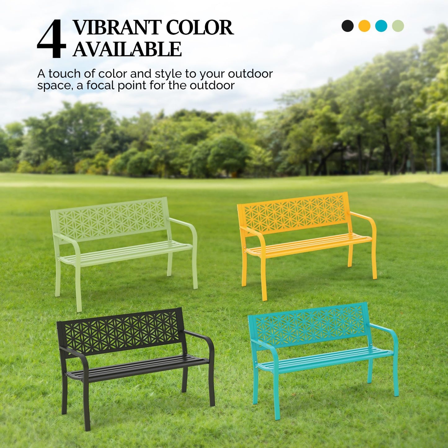 VINGLI 50" Outdoor Bench Metal with Floral Back, Garden Bench Front Porch Bench for Yard Patio Entryway Park Outside, 800lb Capacity - Green